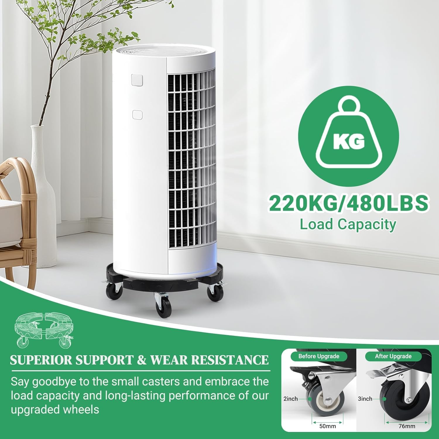 Sottovaso Rotondo per Vasi Pesanti Regolabile da 38CM-48CM, Portavasi da Interno e Esterno con 4 Ruote PE e Tubo in Acciaio Inox Capacità 220KG, Base con Ruote per Ombrelli e Alberi,2 Pezzi