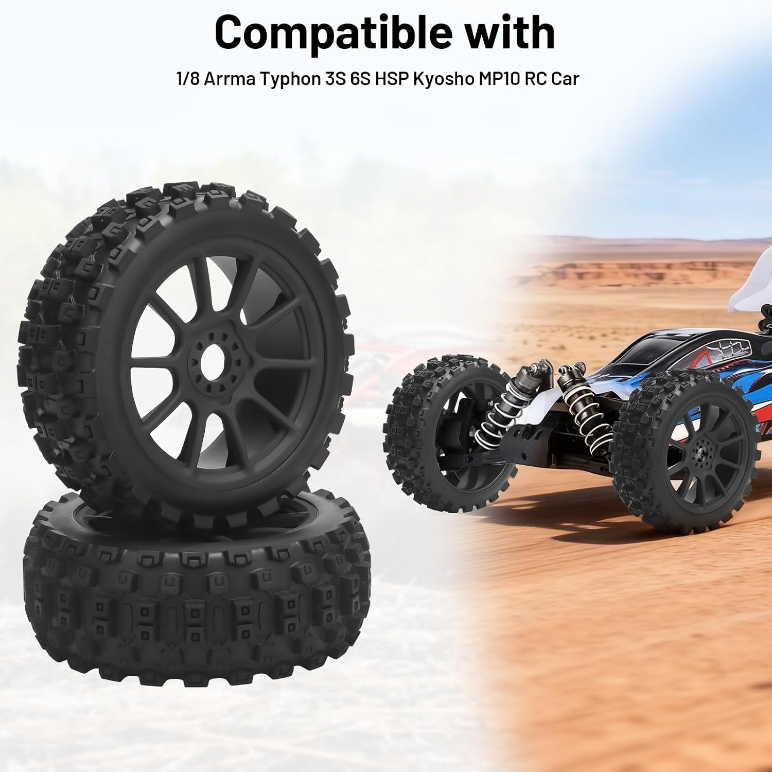1/8 RC Car Tires and Wheels, daitoku 17mm Hex RC Buggy Tires for 1/8 Arrma Typhon 3S 6S HSP Kyosho MP10 (Black)