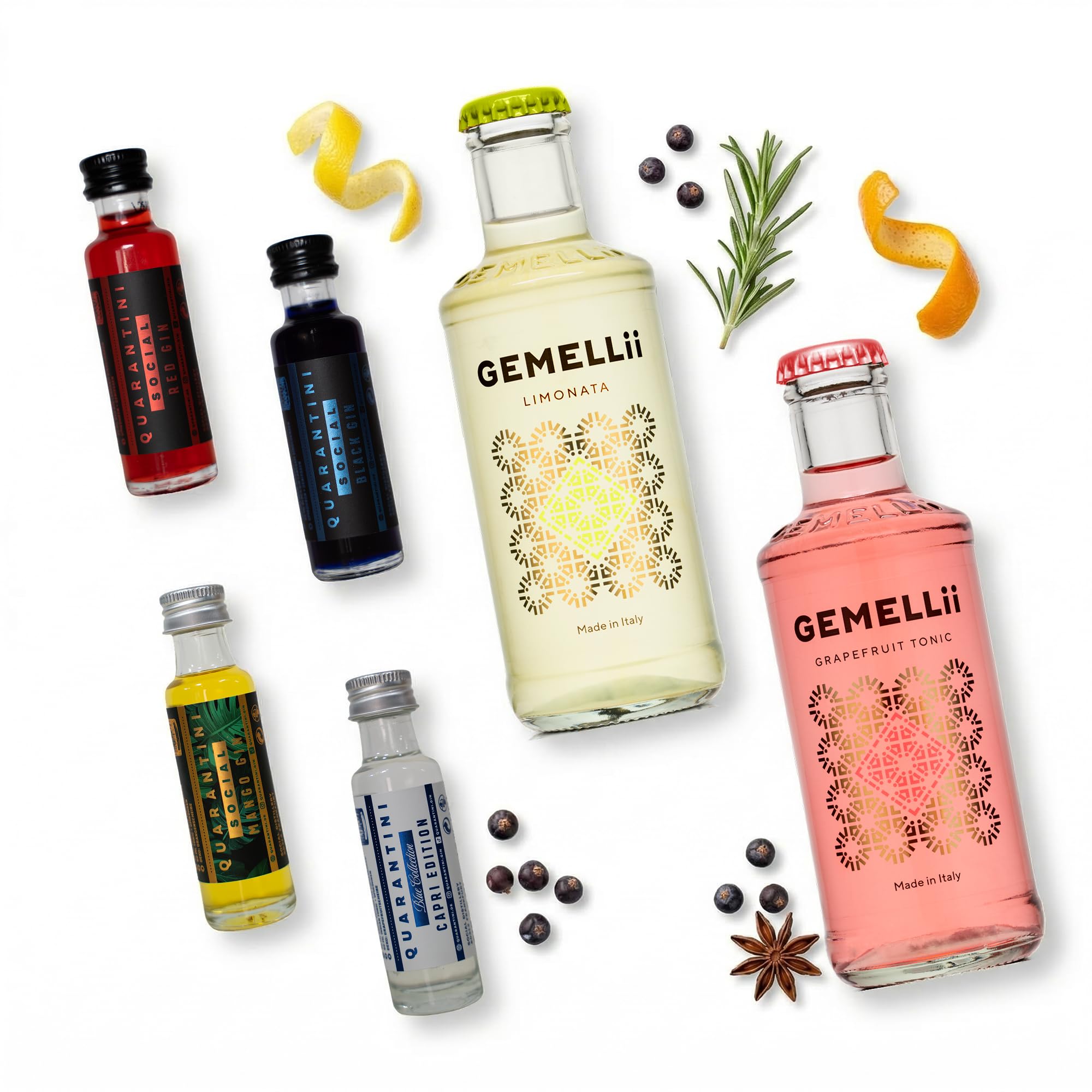 Quarantini Gin Tasting Set 4 x Mini Quarantinis & 2 x Gemellii Tonic Mischgetränke | Premium Gin 42% Vol. mit hochwertigen, fruchtigen Botanicals | Probierset inkl. Grapefruit & Limonata Tonic