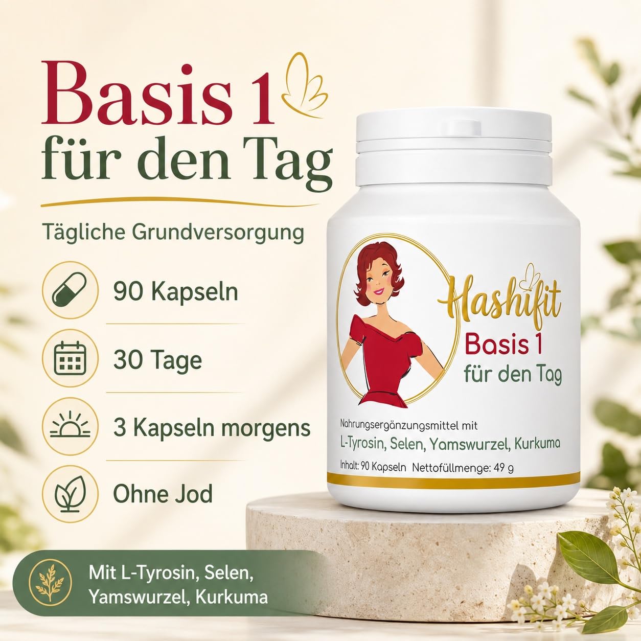 Basis 1, Schilddrüse Komplex mit Selen, L-Tyrosin Yamswurzel Kurkuma und mehr, Wechseljahre Kapseln, Hashimoto Kapseln – Energie und Wohlbefinden, hochdosiert vegan, ohne Jod, Monatspackung | 200 µg Selen + 450 mg L-Tyrosin, Q10 & B6 – jodfrei, vegan, 15