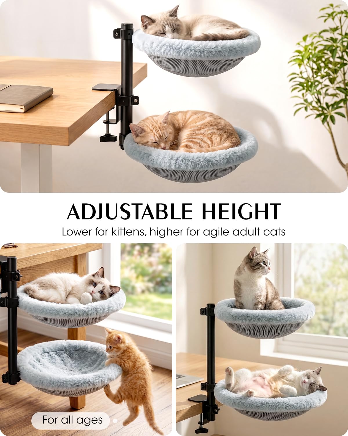 Doppel Katzenbett für Schreibtisch Höhenverstellbar 360° Drehbar Katzen Hängematte Doppelstöckig mit 2 Bezügen Mesh & Kunstfell Stabiler Stahlrahmen bis 30kg Büro Home Office