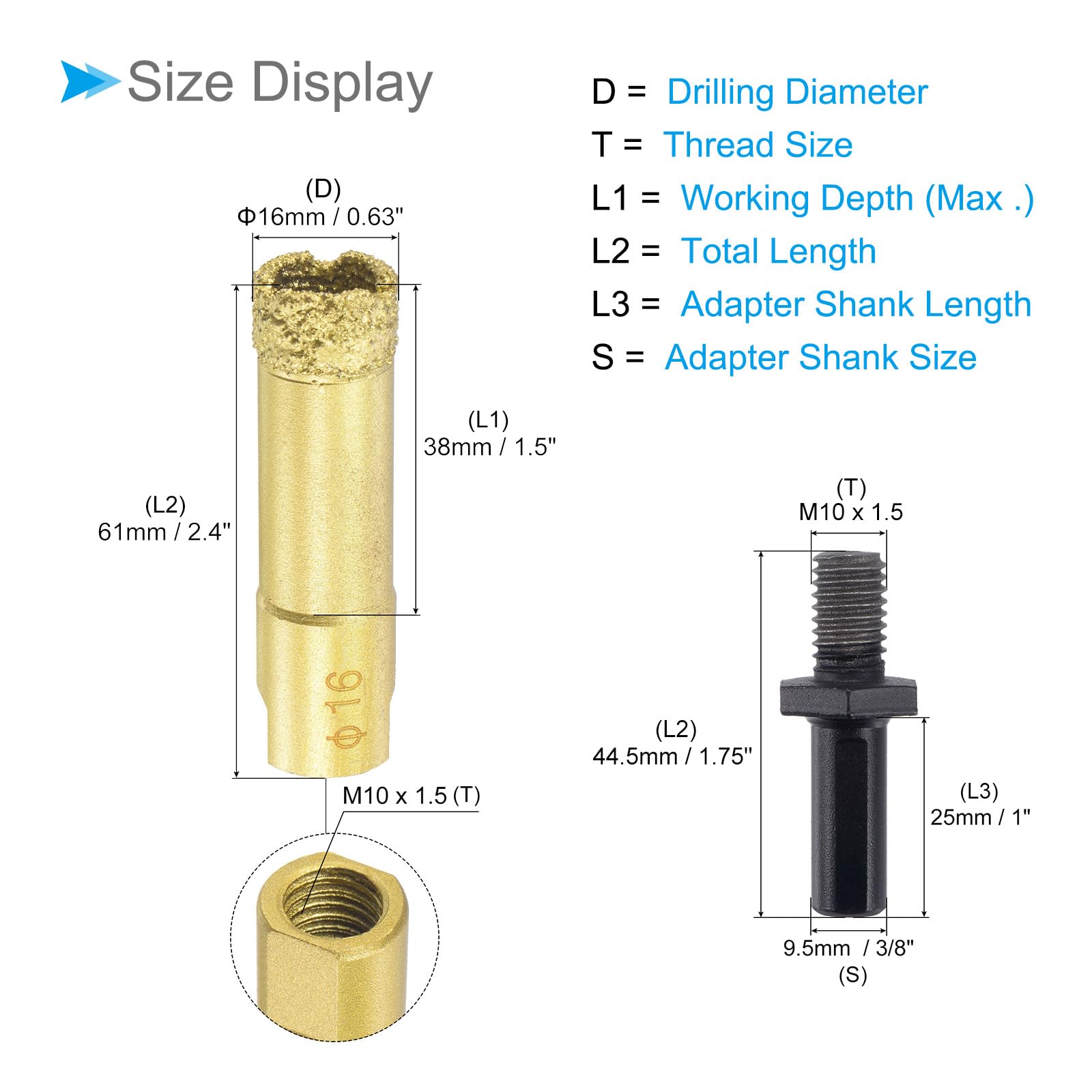 CoCud Diamond Drill Bits Set, 16mm Cutting Diameter, Brazed Diamond Core Drill Bits with M10 Arbor Adapter - Image 2