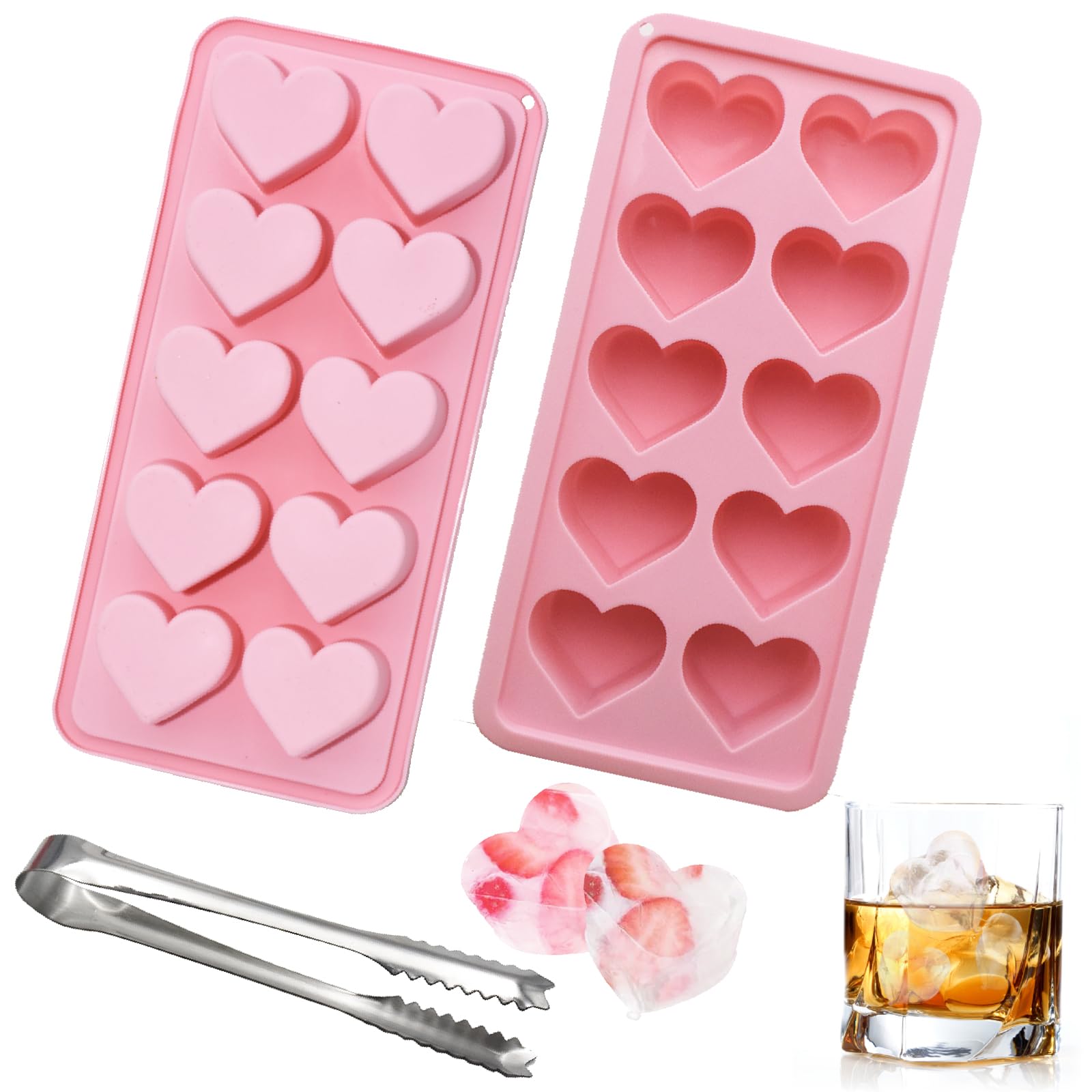 PXBSNB 2 PCS Heart Ice Cube Tray, 10 Cavity Silicone Heart Moulds, BPA Free Hearts Shaped Silicone Moulds with Ice Tongs, Reusable Hearts Ice Cube Tray for Chocolate Confectionery Jellies Soaps