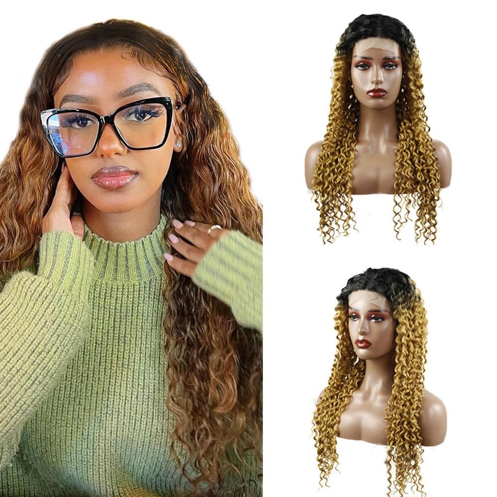 Weeybay Curly 4x4 Lace Front Wigs 1B/27 Black Root Honey Blond Real Unprocessed HD Transparent Human Hair Wigs Ombre Blonde Color for Women 24 Inch