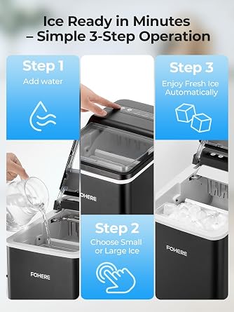 FOHERE Countertop Ice Maker Machine with Handle, 5 Mins Fast Ice 9 Bullet Cubes, 14kg/24hrs, Self-Cleaning, Portable Small Ice Machine for Home Kitchen, Office, RV, Camping & Garden Parties