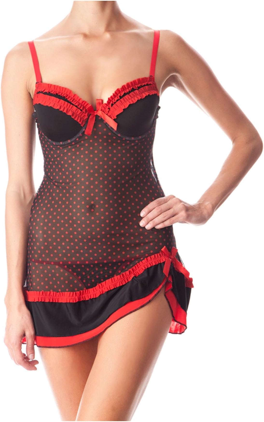 G Allure Women's Polka Dot and Ruffled Chemise and Matching Thong Set(LNG-Set,RED-L)