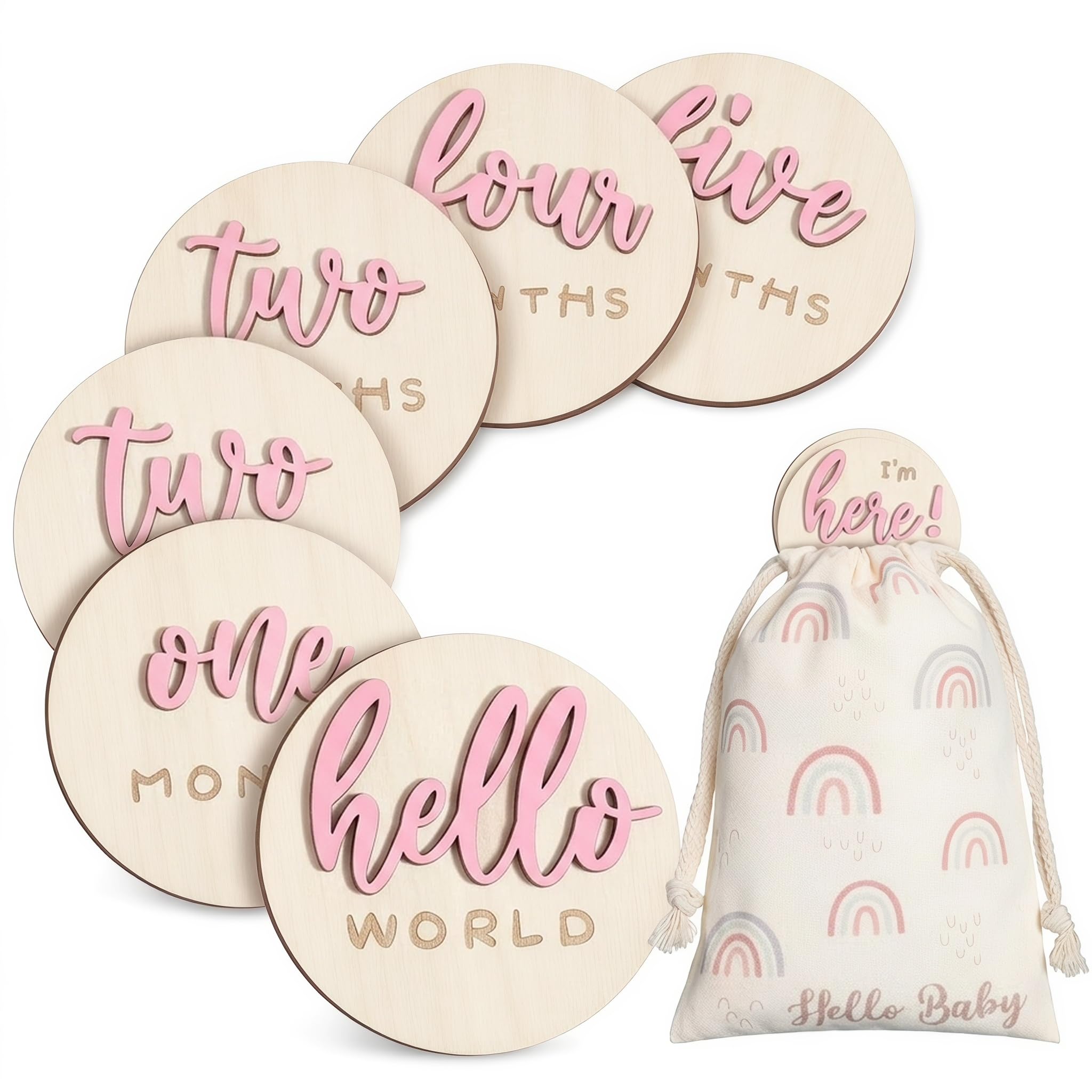 7-Piece Double-Sided Wooden Baby Milestone Discs with Storage Bag - 1-12 Months Photo Props & Hello World Sign - Newborn Announcement Keepsake Gift for Girls — image 1