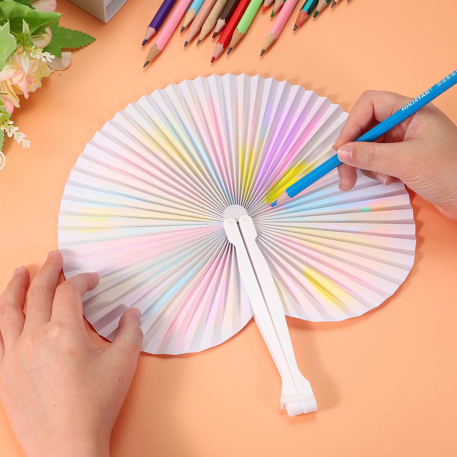 PATIKIL Round Shaped Paper Hand Fans, 20 Pack Bulk Folding Fan Handheld with Plastic Fan Handles for Wedding Party Decoration Birthday Guest Favors DIY Supplies, Green