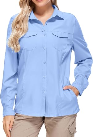 Women UPF 50+ Sun Protection Safari Shirts Quick Dry Lightweight Outdoor Fishing Hiking Travel Shirts with Zipper Pockets