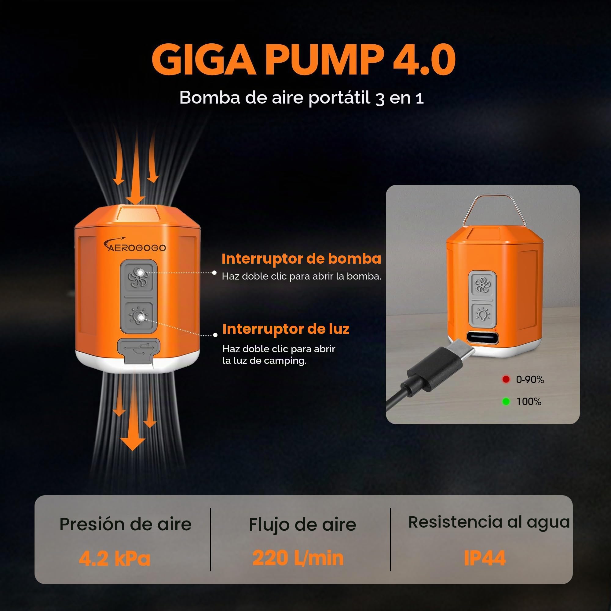 Aerogogo GIGA Pump 4 mini bomba de aire de 4,2 kPa con linterna de camping, bomba de aire portátil, bomba de aire recargable que puede desinflarse, bomba de aire de viaje para colchón de cama de aire