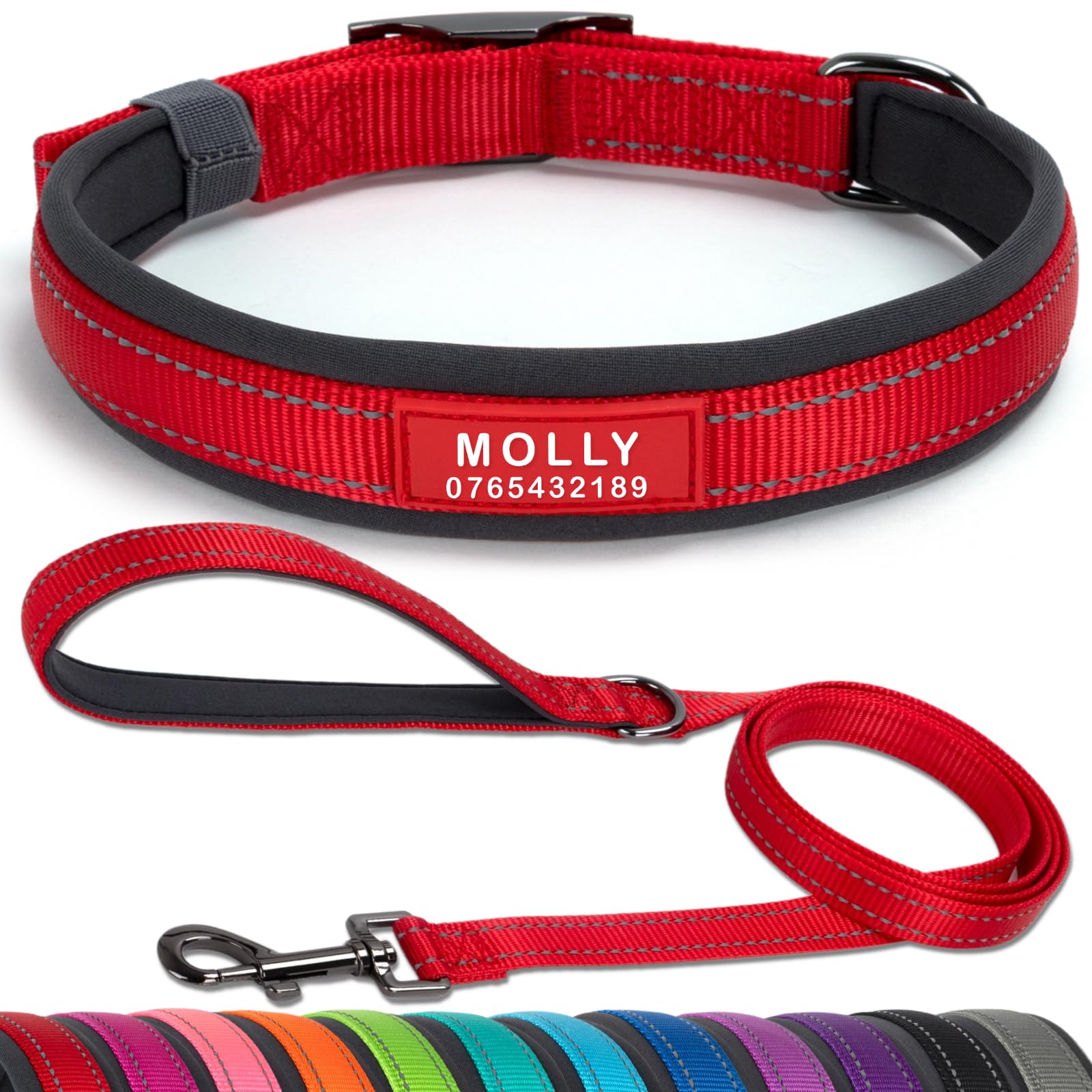 SEOUGEE Personalised Dog Collar and Lead Set | Durable Metal Buckle | Ultra Wide Soft Neoprene Padded | Adjustable Reflective Dog Collar for Small Medium Dogs (M, Red Set 37-47cm)