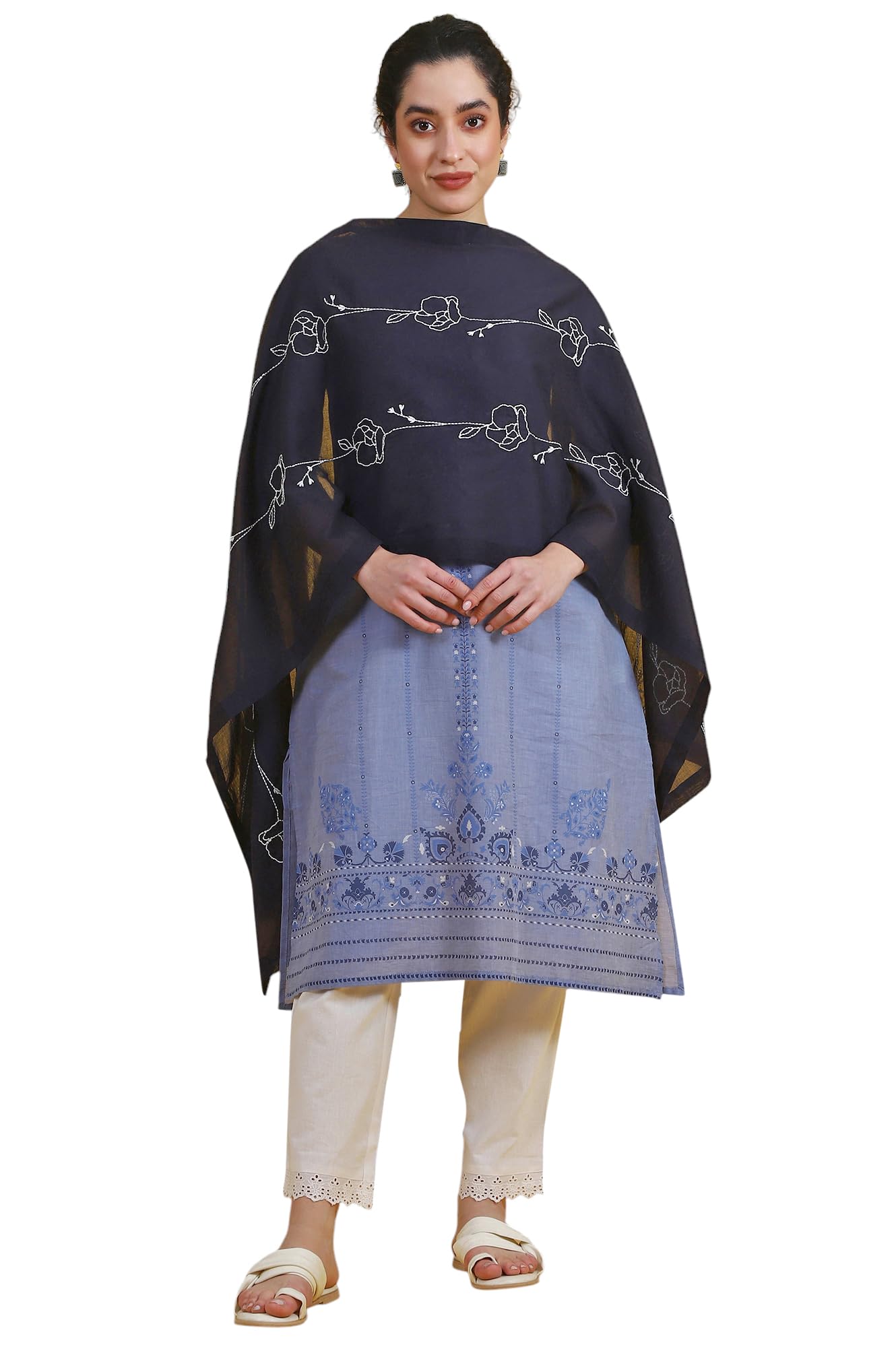 w for woman Black Thread Embroidered Cotton Voile Dupatta (Size: Free Size)-W82494-223095-picture-10