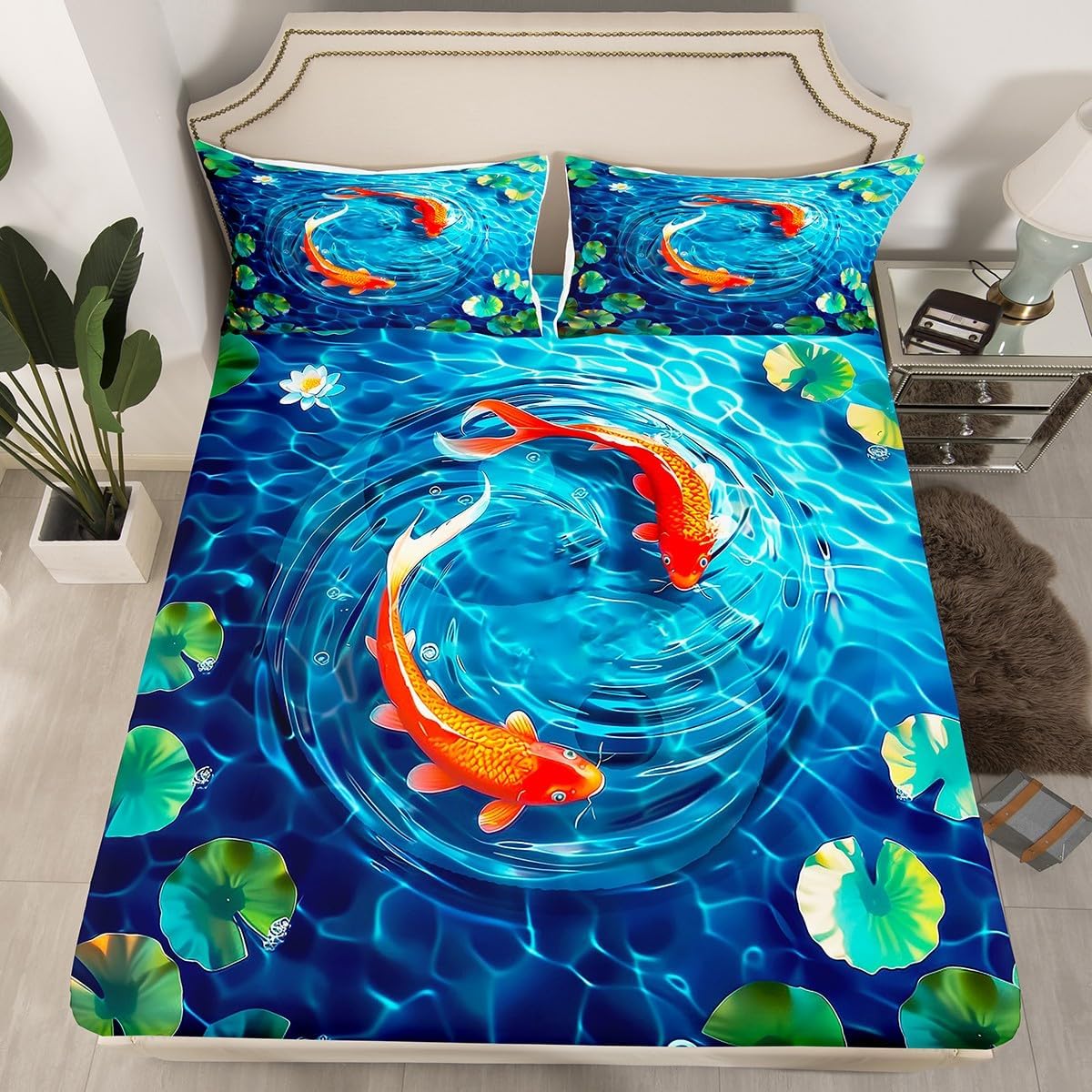 Red Fish Fitted Sheets Full Size,Tai Chi Carp Bedding Set 3Pcs for Kids Teens Adult Room Decor,3D Lotus Pond Deep Pocket Sheet Nature Animals Plants (No Flat Sheet),2 Pillowcases
