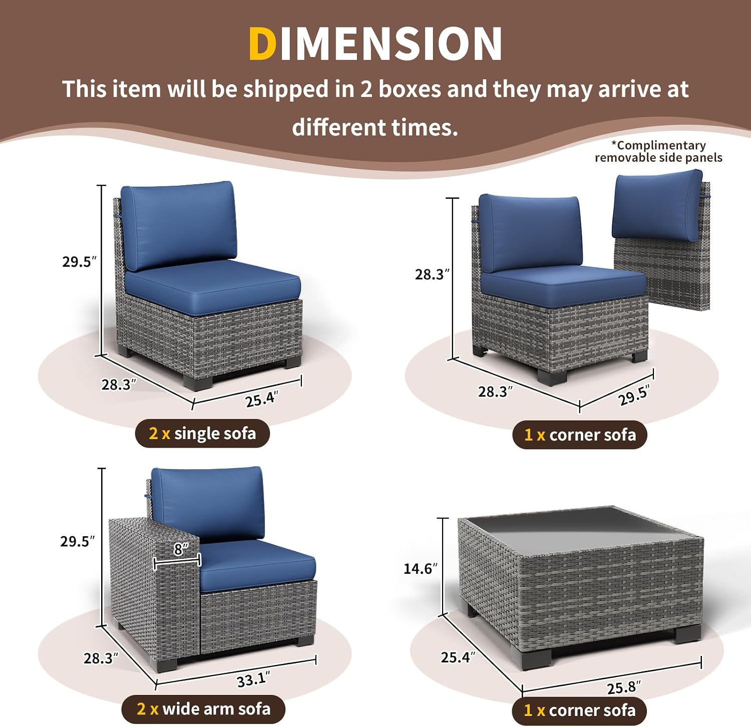 Outdoor Patio Furniture Set, 8'' Wide armrest Outdoor Sectional Rattan Sofa Set, Wicker Patio Furniture Sets w/Coffee Table,Thick Cushions and Cover for Porch, Balcony,Deck 6 PCS(Grey&Navy)