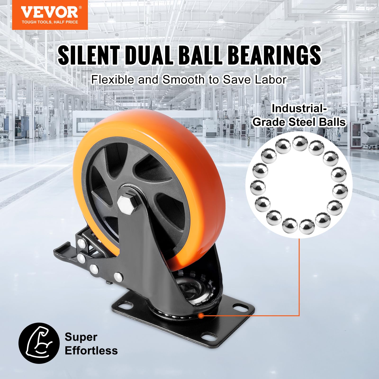 VEVOR Möbelrollen 4er-Set Lenkrollen PVC φ127mm Laufrollen 816kg Tragfähigkeit Transportrollen mit A/B-Bremsen Kastenrollen 360° Drehbar Schwerlastrollen für Häusern Büros Studios Fabriken