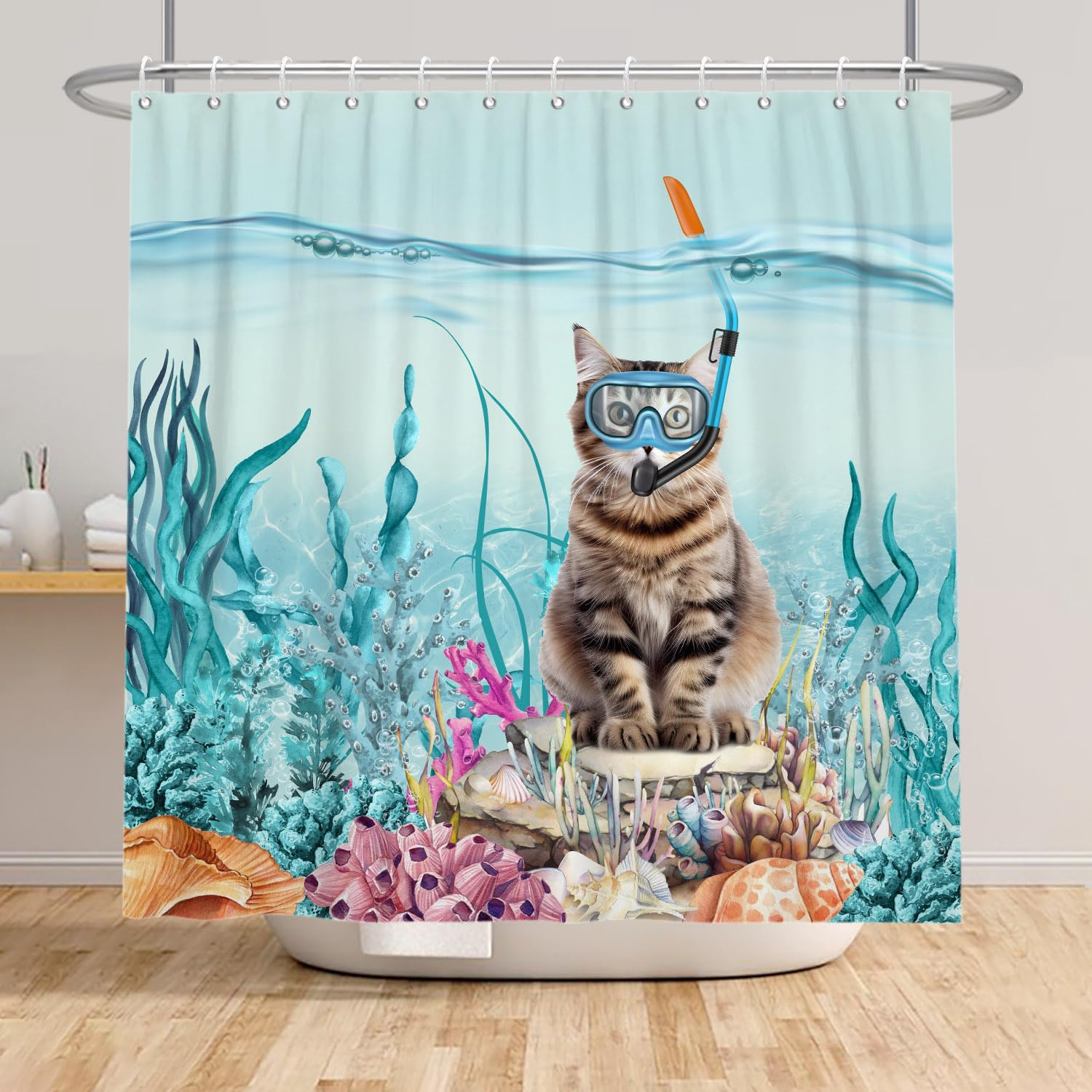 SDOTPMT 105x160cm Funny Cat Shower Curtain Cute Kitten Diving in Teal Blue Ocean Sea Coral Marine Alga Bathroom Curtain Waterproof Fabric Polyester Bathroom Home Decor with Hooks - Image 2
