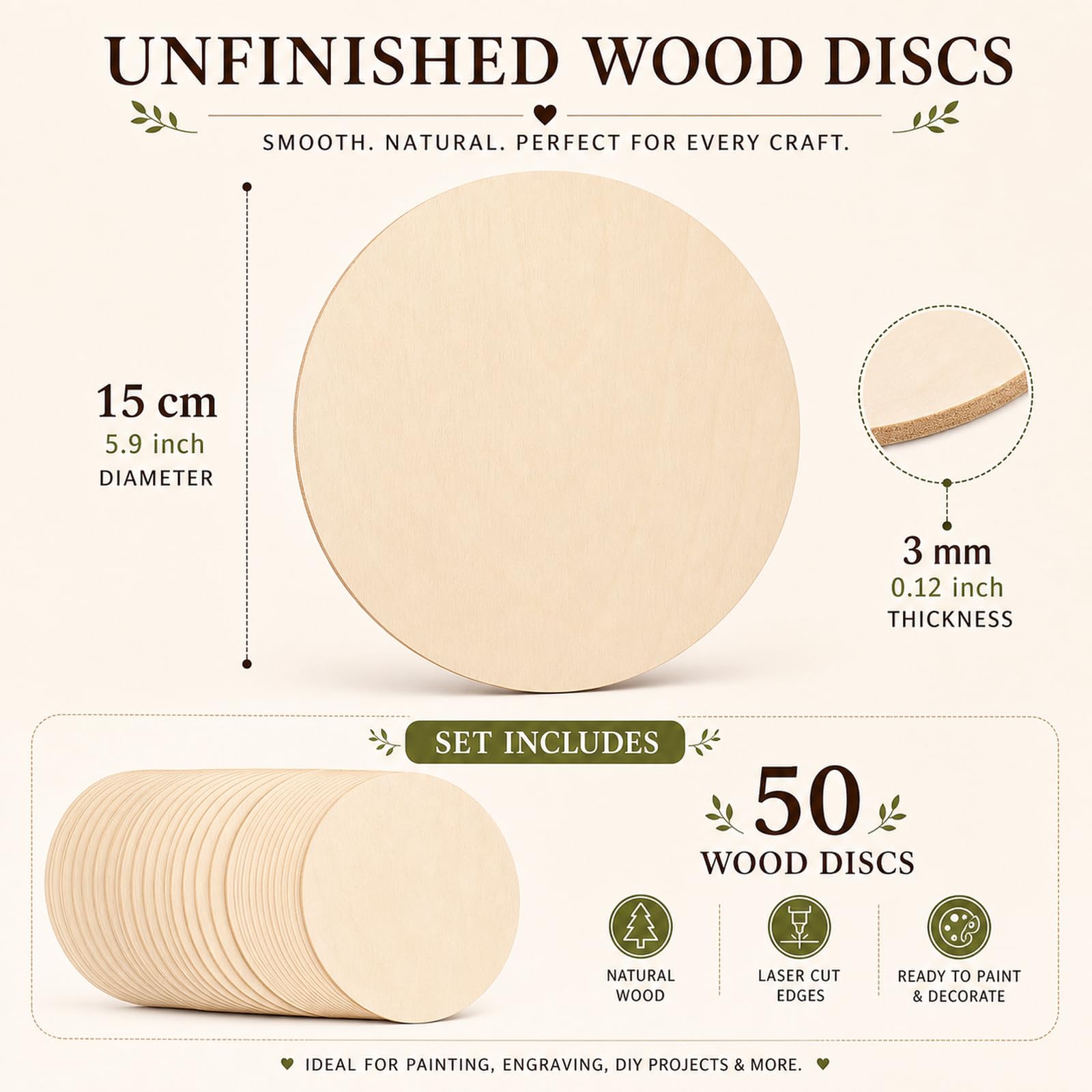 STARVAST 50 dischi di legno grezzo naturale, fetta di legno 15 cm con spessore 3 mm, tondi di legno per arti e mestieri, decorazioni natalizie, artigianato fai da te, 6 pollici