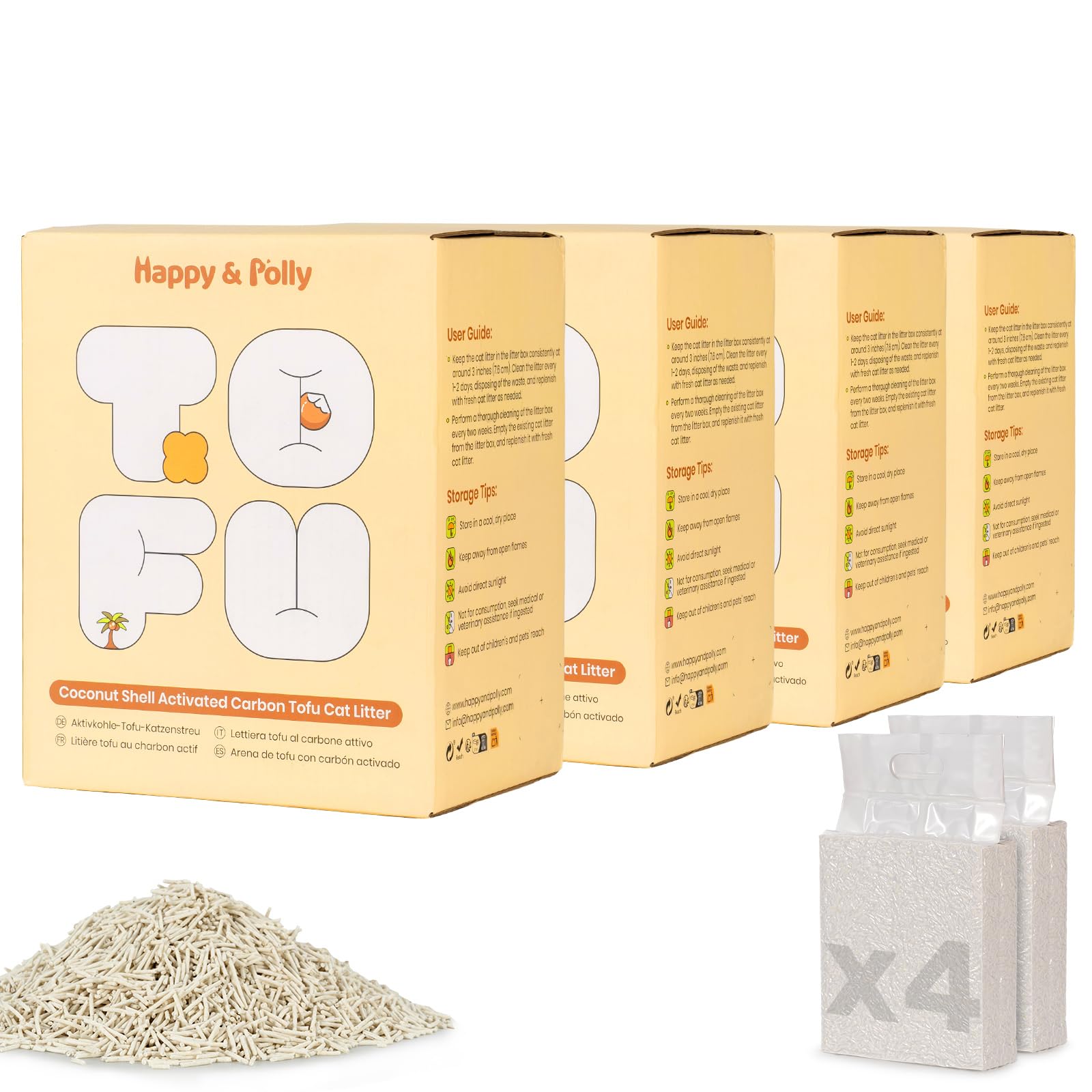Happy & Polly Lettiera per gatti Tofu, agglomerante veloce, lavabile, ultra assorbente, a basso tracciamento, 100% materie prime naturali con carbone di cocco, 10 kg