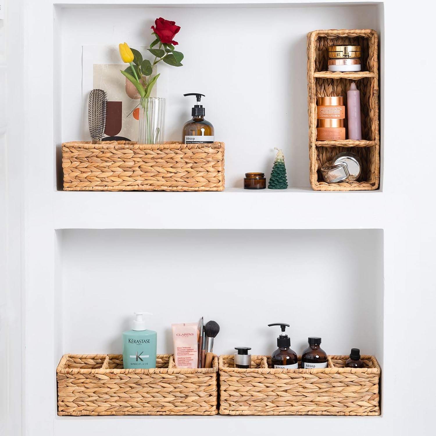 Water Hyacinth Storage Baskets Toilet Basket Tank Topper, Toilet Paper Basket Small Wicker Baskets Wicker Storage Basket, Bathroom Basket Wicker Baskets for Storage with 3-Section, 2 Pack