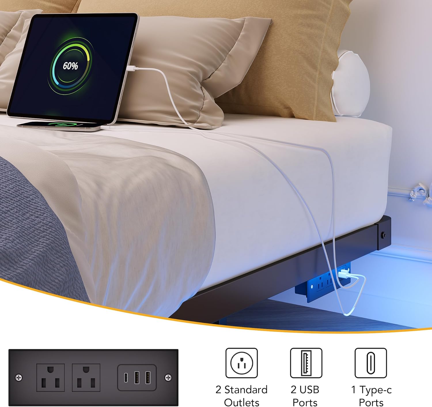 King Size Floating Bed Frame with LED Lights and Charging Station, Modern Minimalist Design, No Spring Mattress Required, Easy to Assemble