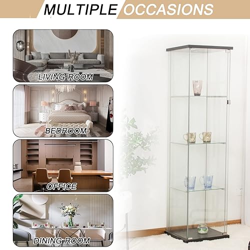 Miniatura 8 de Vitrina de cristal, 4 estantes, vitrina de cristal Curio con 1 puerta, estantería de vidrio de pie para sala de estar, dormitorio, oficina en casa,