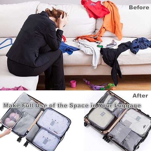 Vista 5 de Juego de 6 cubos de embalaje y bolsa de lavandería, organizadores de bolsas de almacenamiento de viaje para equipaje, maleta de mano de compresión