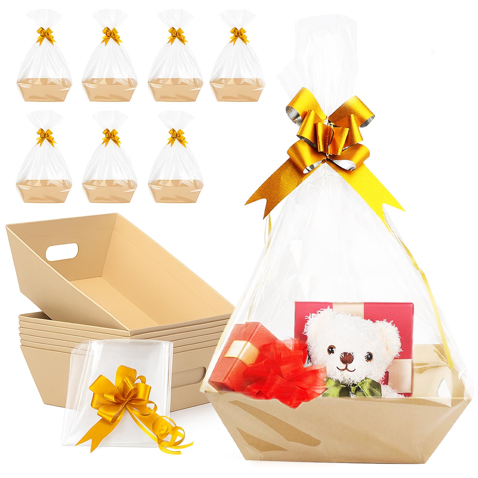 Set di 44 cesti regalo vuoti, 12 cestini per regali, vuoti, con manici, 16 sacchetti in cellophane e 16 fiocchi, per Natale, Ringraziamento, Pasqua, compleanno, festa di nozze, 25 x 17 x 7 cm