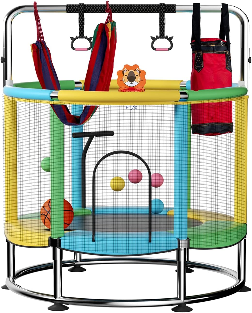 55" Trampoline for Kids,Up to 440 Ibs Mini Trampoline with Anti-Rollover Round Bottom,Indoor & Outdoor Toddler Trampoline with Safety Enclosure,Adjustable Gymnastics Bars,Basketball Hoop