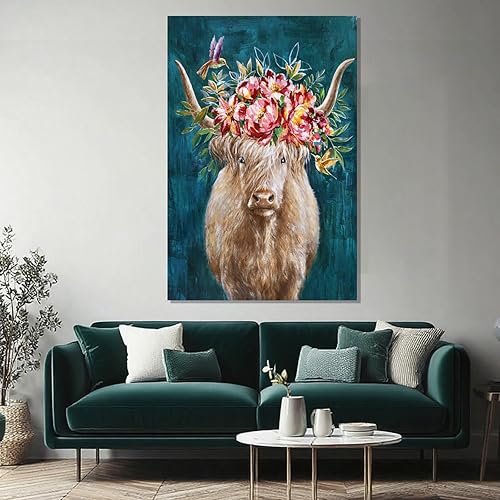 Miniatura 6 de ZENPEE Arte de pared moderno abstracto de animales, arte de pared de vaca de las tierras altas azul, decoración rústica de granja en lienzo para
