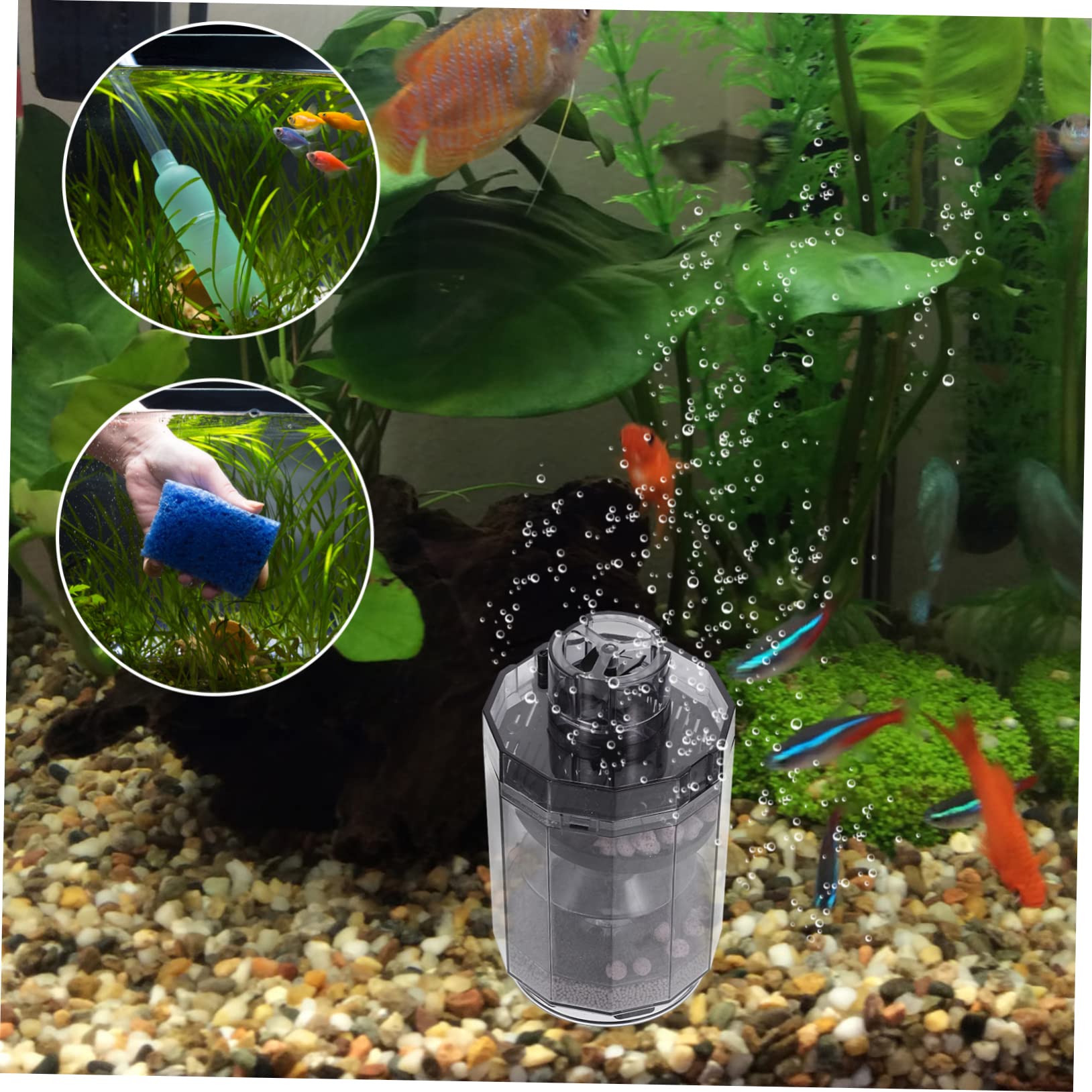 DOITOOL 4 Piezas Filtro de pecera limpiacristales Limpiador de Vasos Limpieza pecera Tanque Acuario con Bomba de Aire a bateria Accesorios para peceras Tubo de sifón Abdominales Light Grey