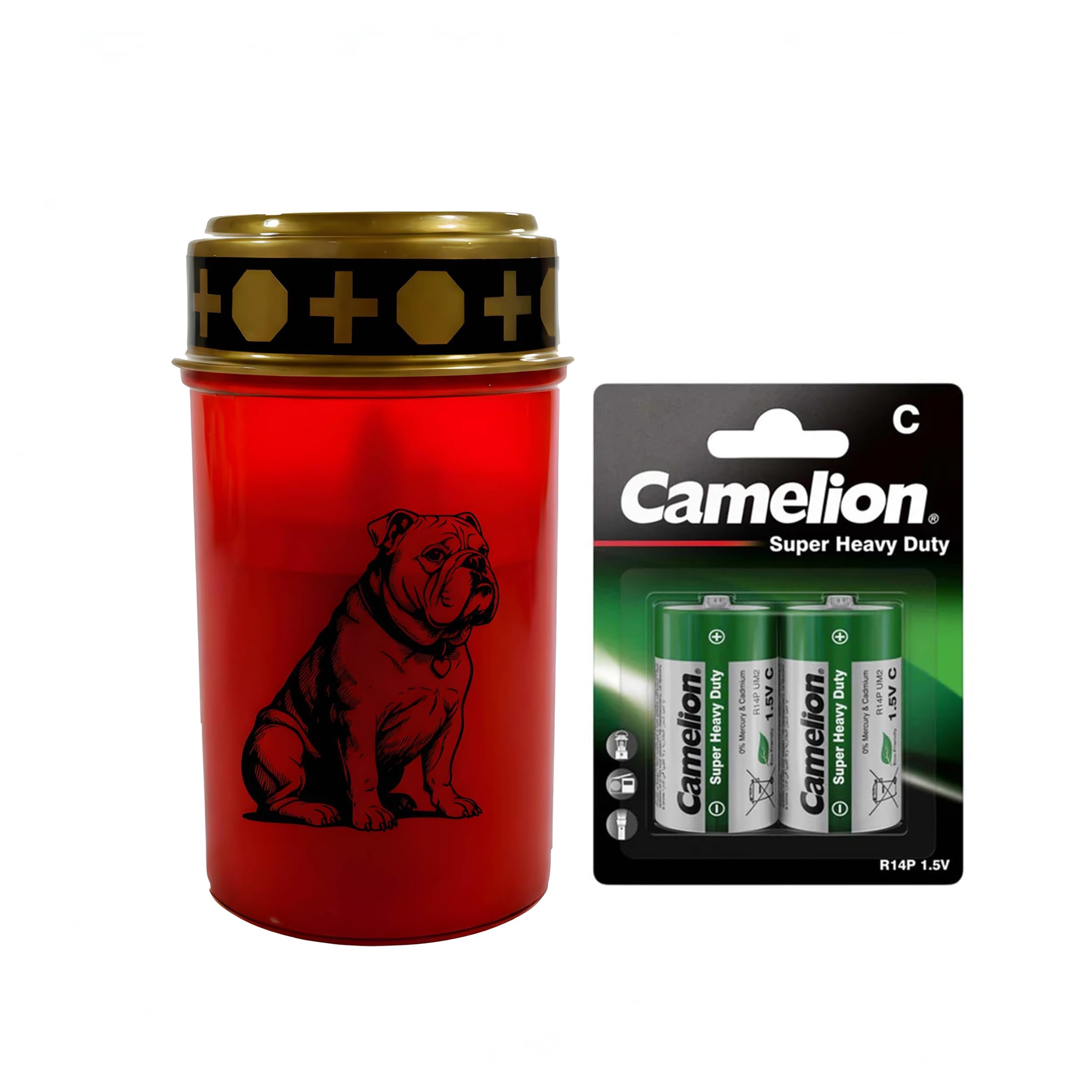 Fachhandel Plus LED Grablicht Hund mit Batterien – Grabkerze LED, wetterfeste Grableuchte Ewiges Licht mit Hundemotiv, warm flackerndes Gedenklicht für Tiergrab & Gedenkstätte (Rot, Bulldogge)