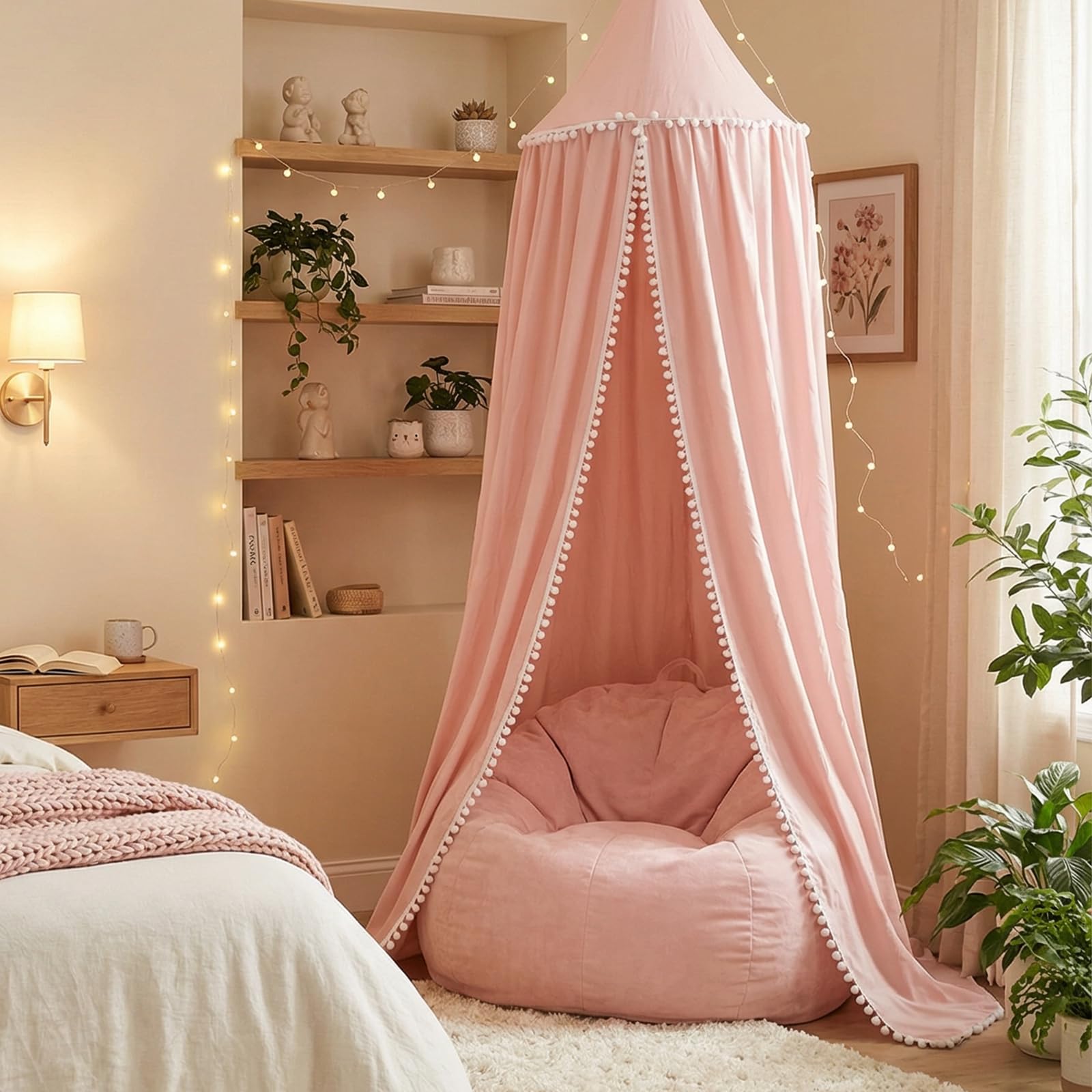 LOAOL Kids Bed Canopy with Pom Pom Hanging Mosquito Net for Baby Crib Nook Castle Game Tent Nursery Play Room Decor (Pink)-picture-37