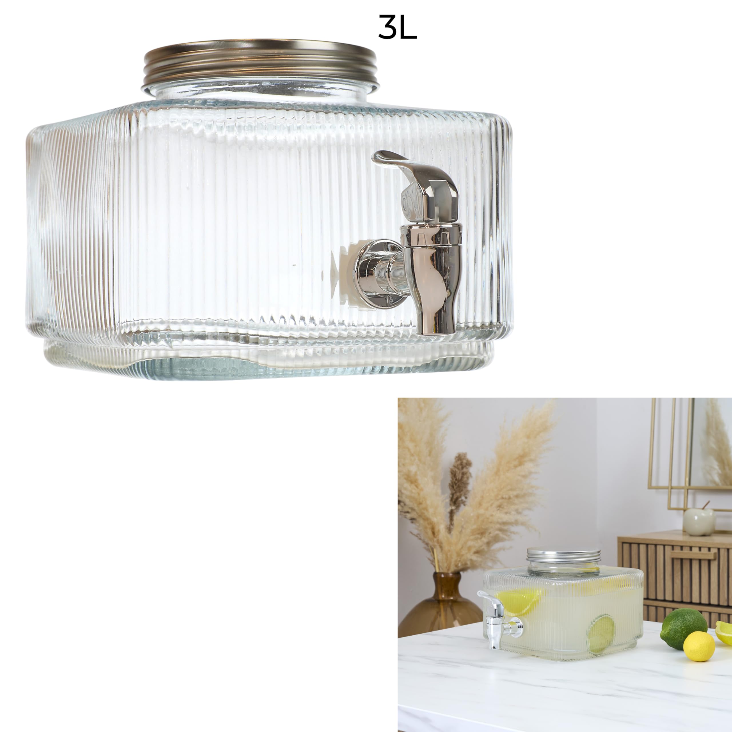 HOME DECO FACTORY - KV7436 - Distributeur de Boisson 3L Design Strié Élégant - Idéal pour Apéritifs et Cocktails - avec Large Bouchon pour Glaçons et Fruits - Transparent - 3L - Transparent