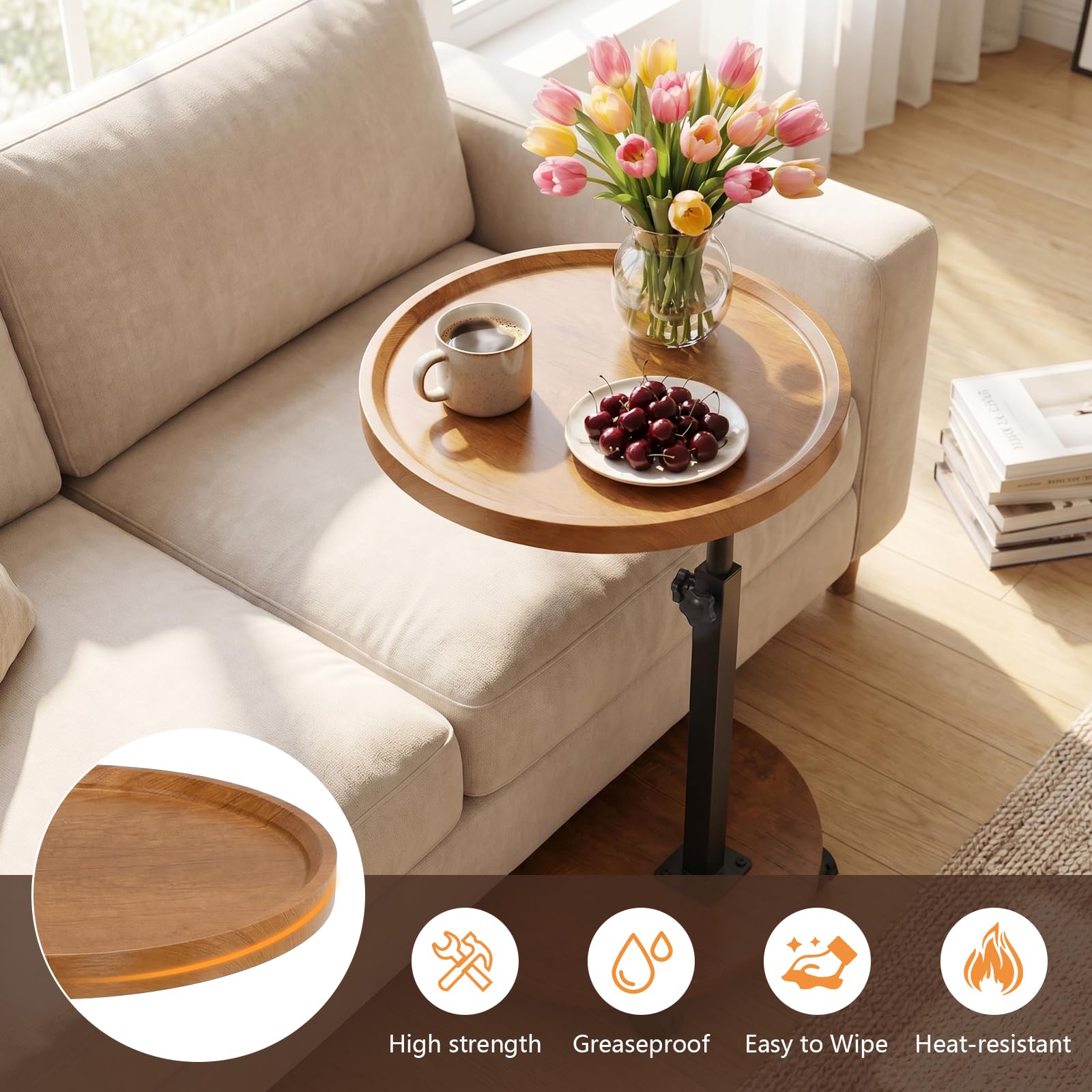 Mesa auxiliar de altura ajustable, mesa auxiliar giratoria de 360° con ruedas para sofá, dormitorio, oficina, sala de estar, mesas de café para espacios pequeños (color madera natural)
