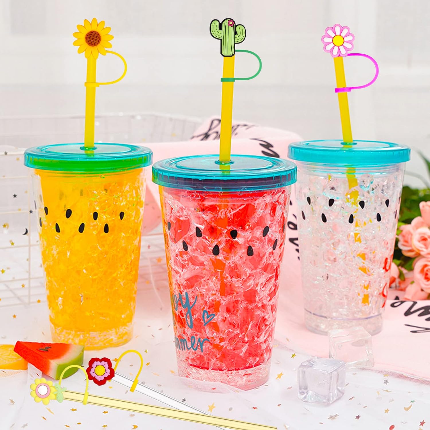 Flowers Cover for Stanl-ey Cup, Reusable Straw Tips and Toppers for Tumblers, Dust-Proof Plugs, Portable Caps for Decoration