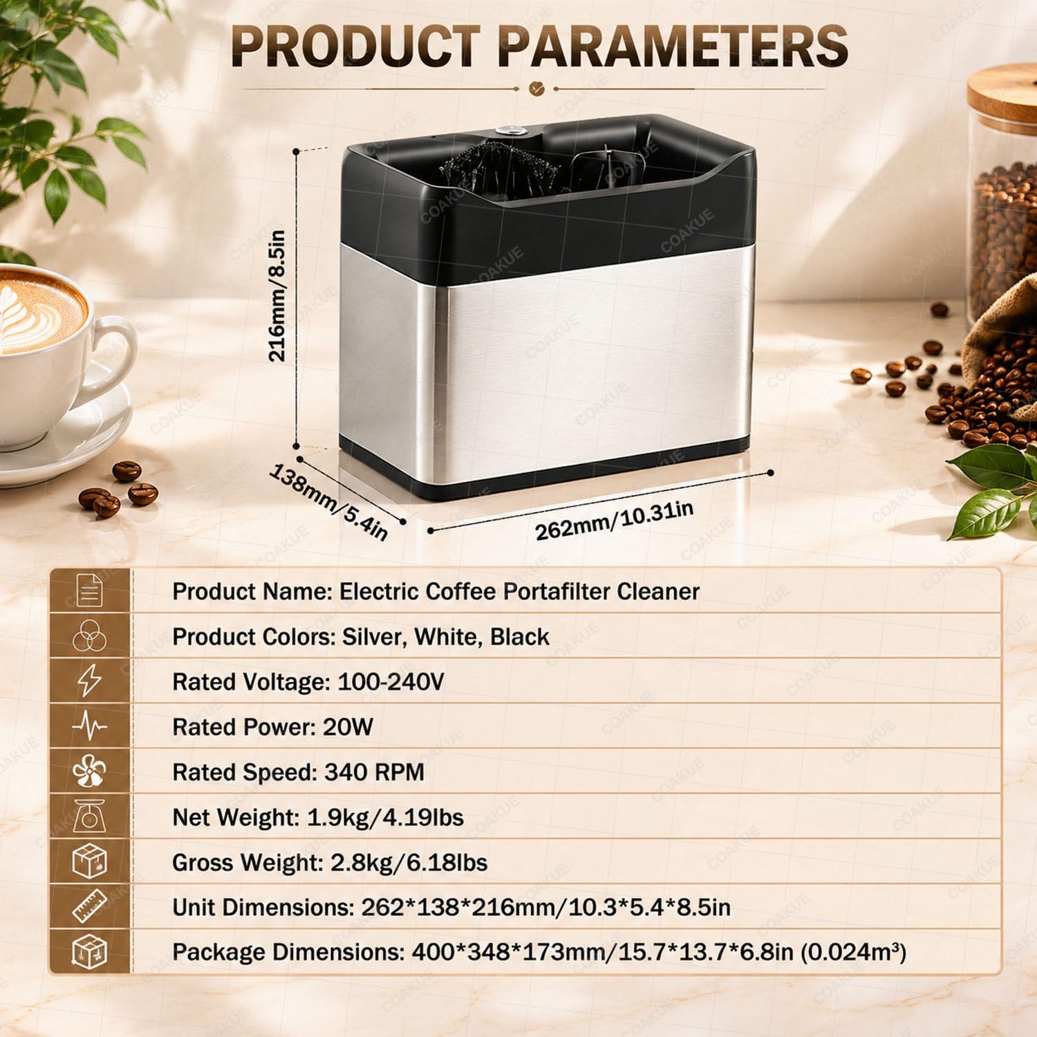 Limpiador eléctrico automático de portafiltros para cestas de 58 mm White | Combina la función de limpiador de pastillas de café espresso y de caja de golpeo, e incluye 2 cabezales de cepillo