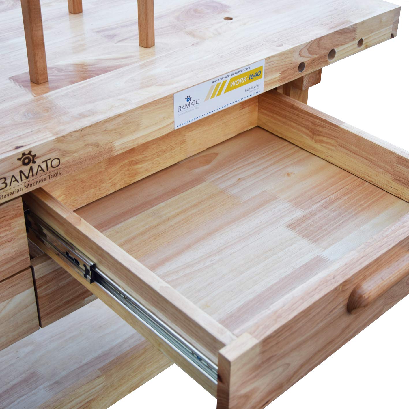 BAMATO Hobelbank WORK-1640 Werkbank Massivholz Holzhobelbank mit Schubladen | Massivholz Hobelbank mit 1520x500mm Arbeitsplatte | Inkl. 4 große Schubladen, 8 Bankhaken & 6-fach verstellbarer Spannzange