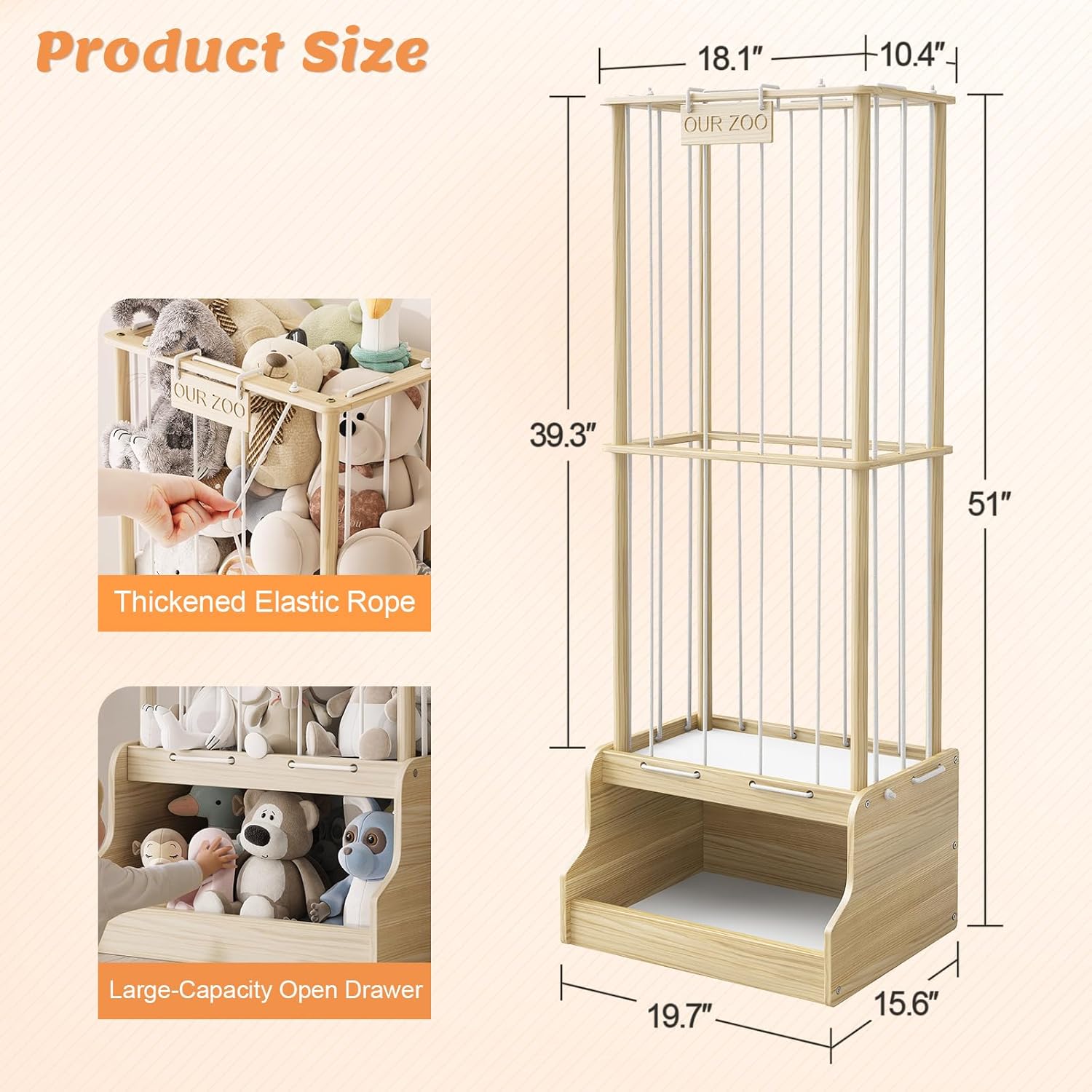 Stuffed Animal Storage, Wood Stuffed Animal Zoo with Toy Chest, Vertical Stuffed Animal Holder with Thicker Elastic Band, Plushies Storage for Playroom, Living Room, Nurseryroom, Bedroom - Image 3