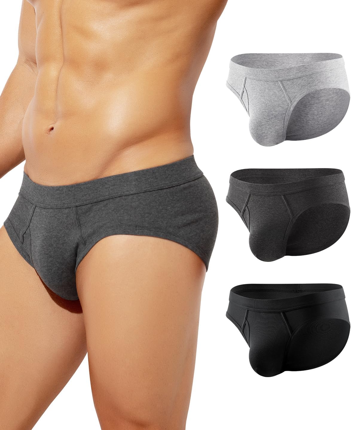 Arjen Kroos Mens Cotton Briefs Low Rise Breathable Pouch Underwear Underpants with Opening Fly 3 Pack