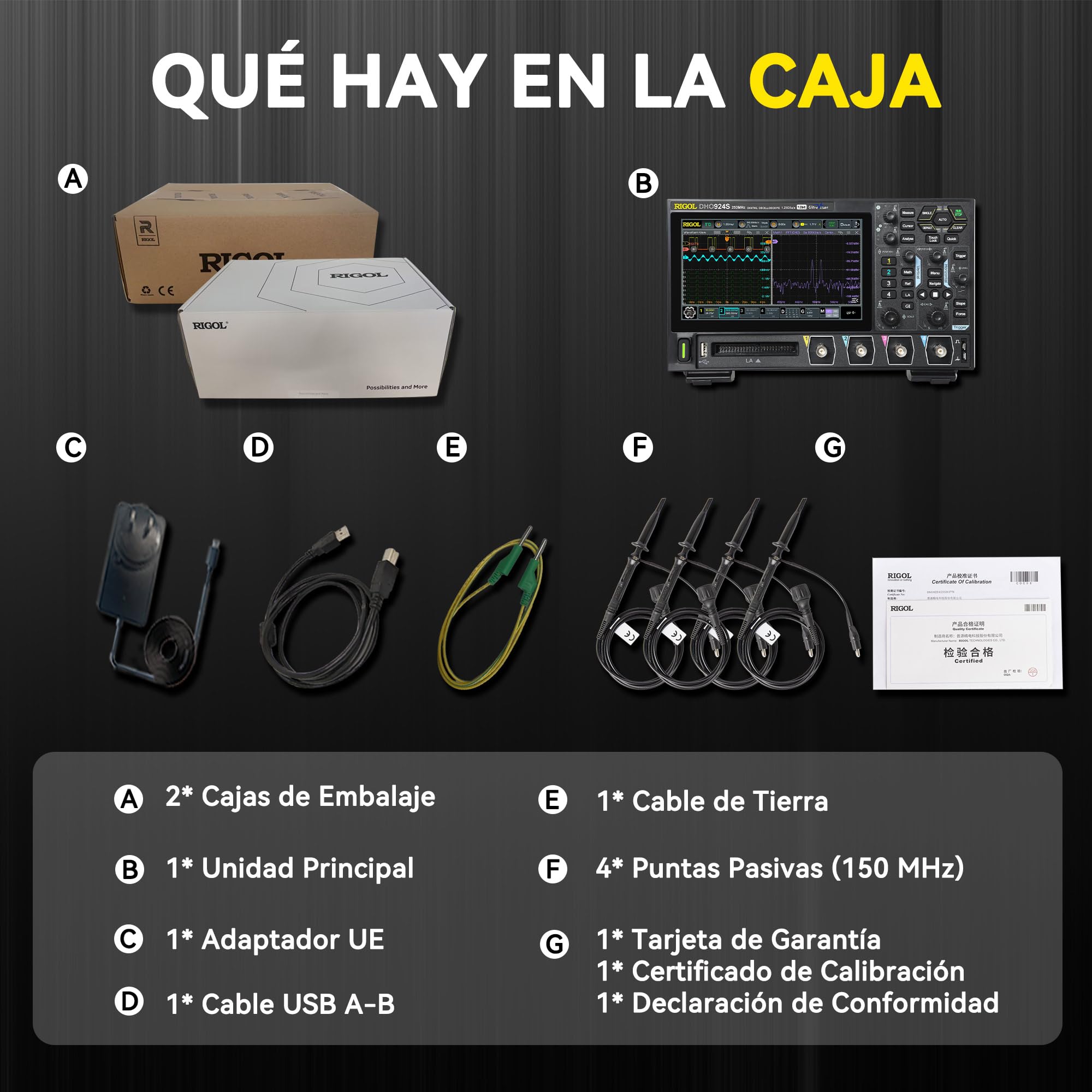 RIGOL Osciloscopio,DHO914S Osciloscopio Digital Portatil,125MHz,4A+16D canales,Resolución 12 bits,Pantalla táctil HD 7",Generador de señales integrado,Para pruebas en campo y enseñanza en laboratorio