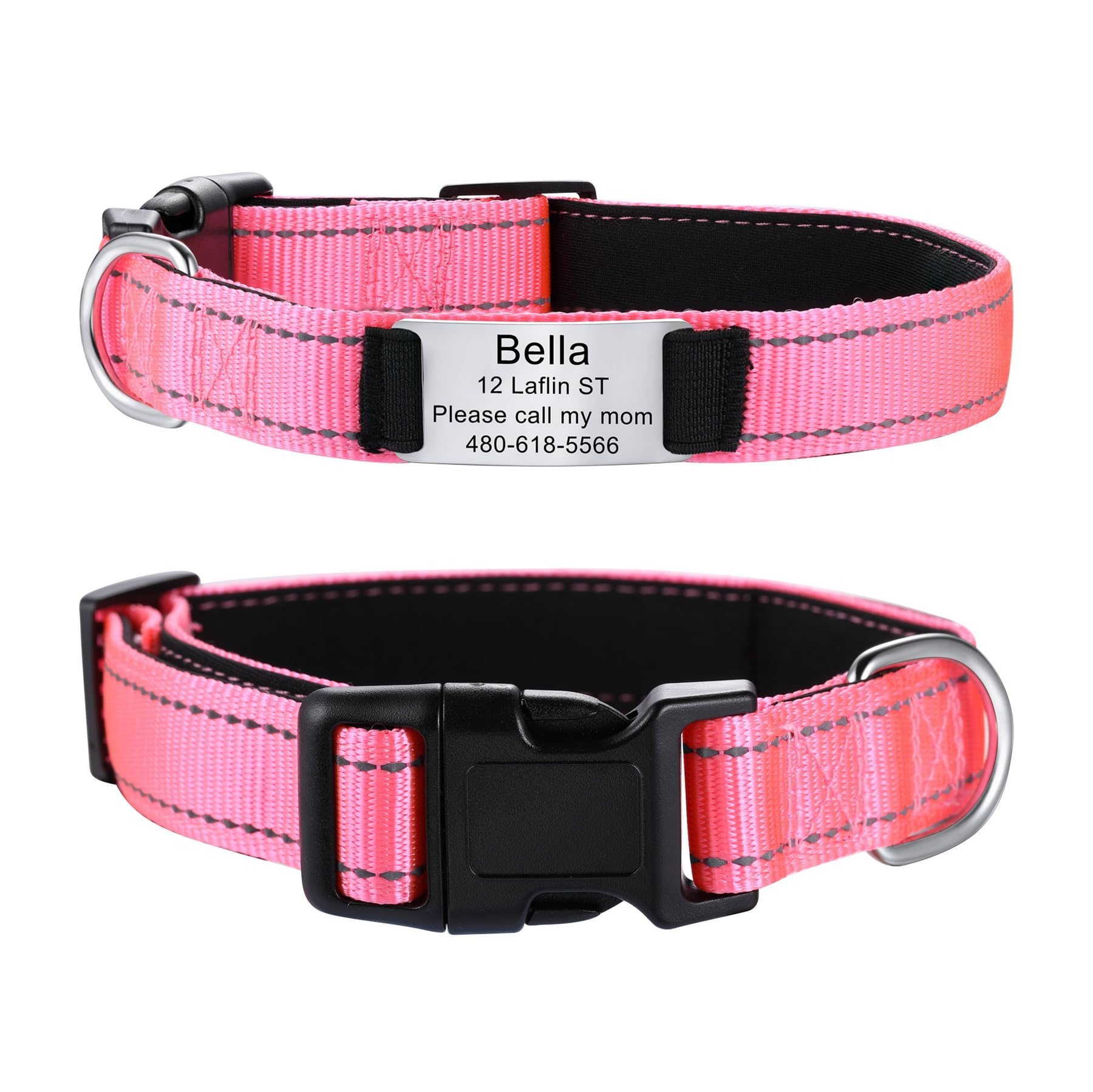 MeMeDIY Personalized Dog Collars Padded Reflective Nylon Dog Collar with Engraved Name Pet ID Tag Silent Stainless Steel Nameplate Adjustable Collar for Small Medium and Large Dogs -Pink, S