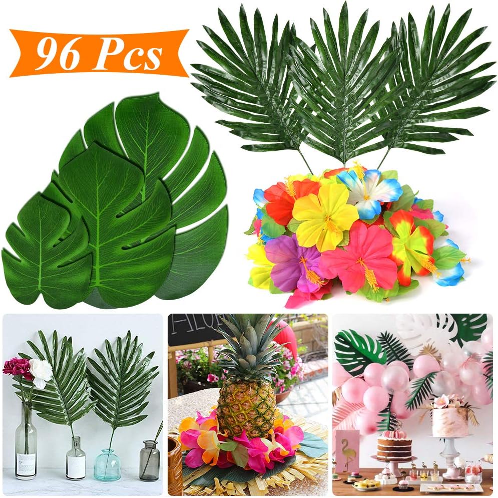 Tropical Party Decoration Supplies 96 Pcs Tropical Palm Leaves Hibiscus Flowers Monstera Leaf Table Decor Simulation Leaf Home Kitchen Photo Prop Hawaiian Aloha Jungle Luau Havana Night Party Supplies