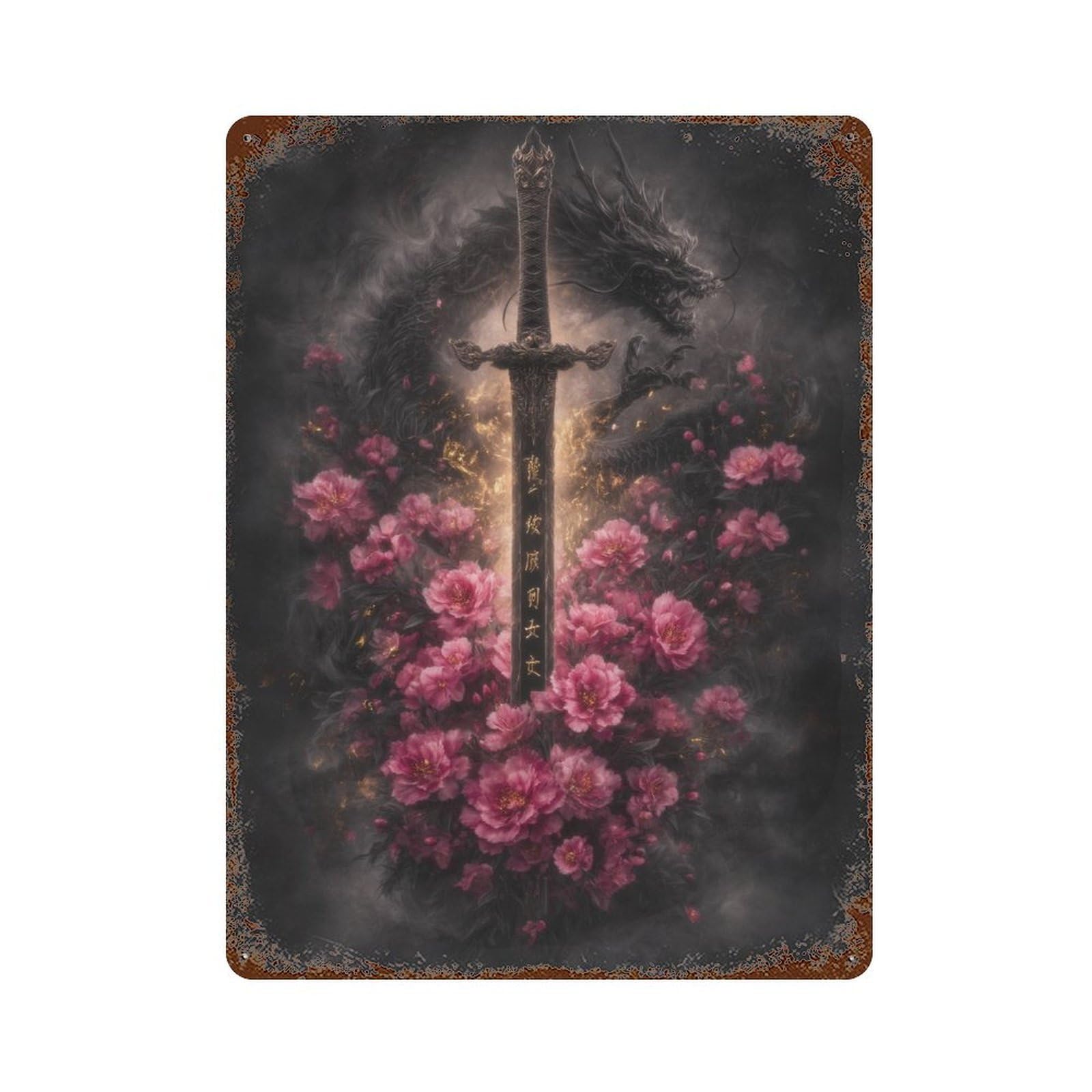 Dragon Sword with Flowers -2 Rust Effect Tin Sign 15.7"x11.8", Rustic Home Decor for Cafe, Home Bar And Lounge Decor