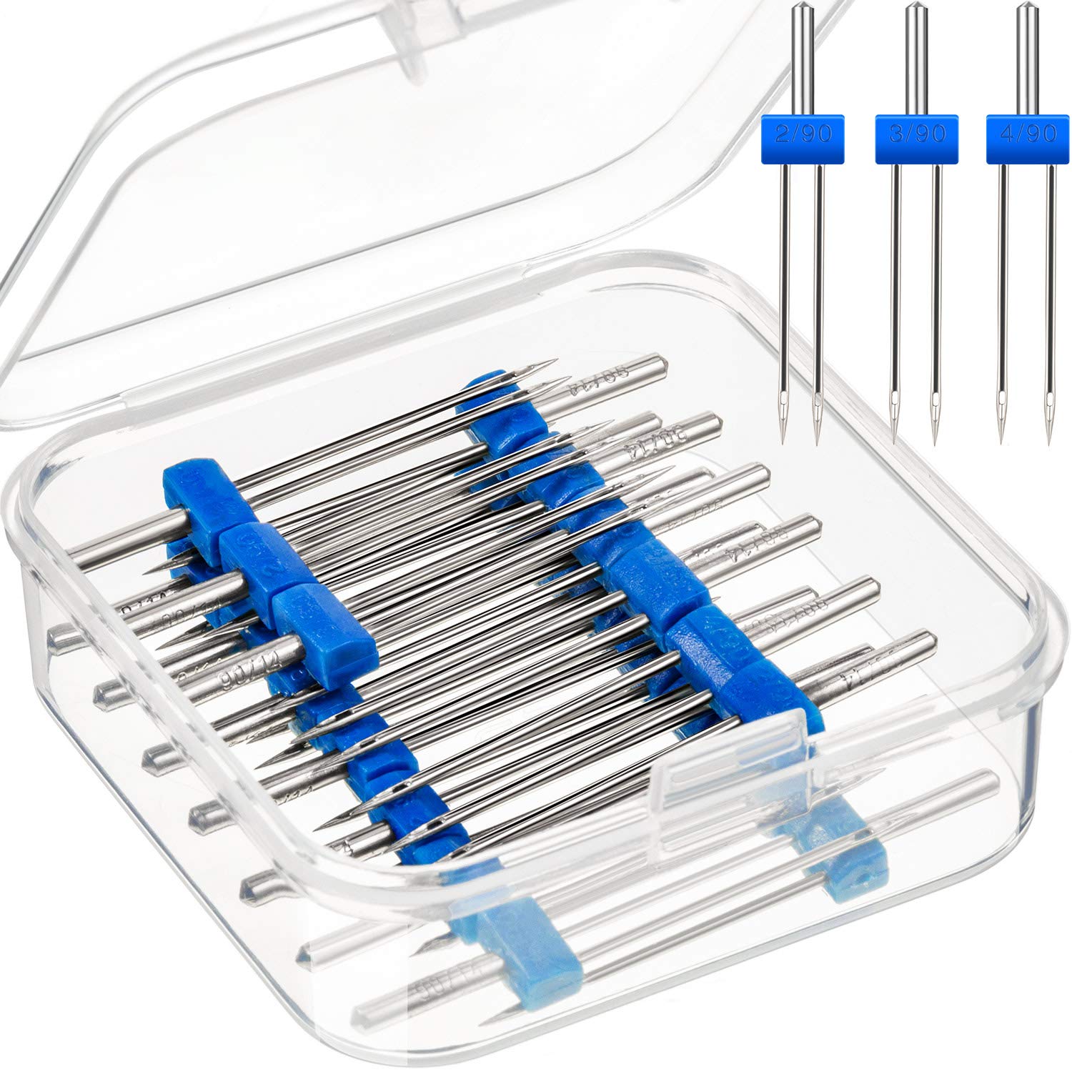 24 Pieces Twin Needles, Double Twin Machine Needles Stretch Needles with Plastic Box for Household Sewing Machine, 3 Sizes Mixed 2.0/90, 3.0/90, 4.0/90