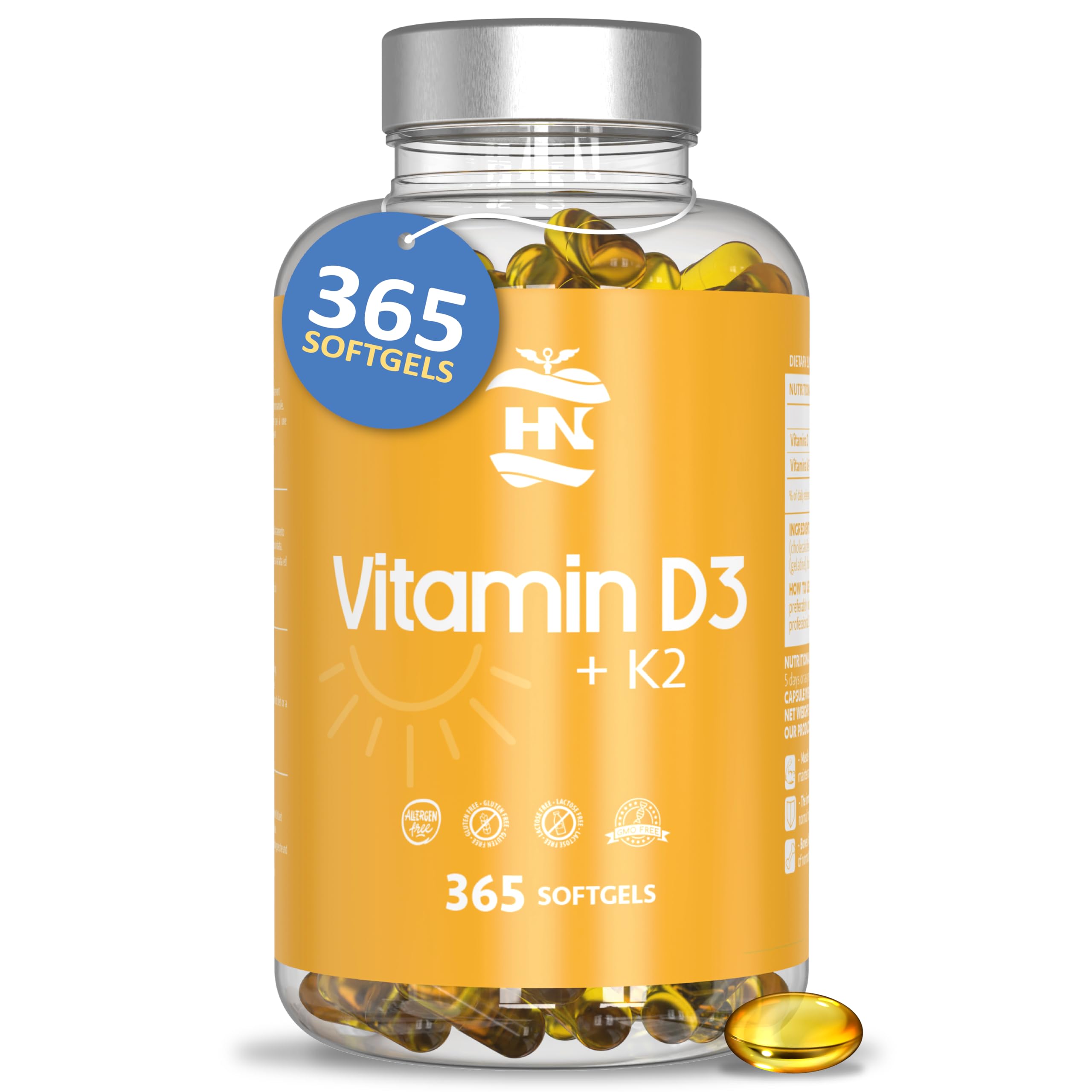Vitamin D. (5000 IE) 365 Kapseln Vitamin D3 + K2 Hochdosiert Unterstützt Immun Und Knochenfunktion Hohe Konzentration Antioxidantien Antifettiga Weichkapseln Premium