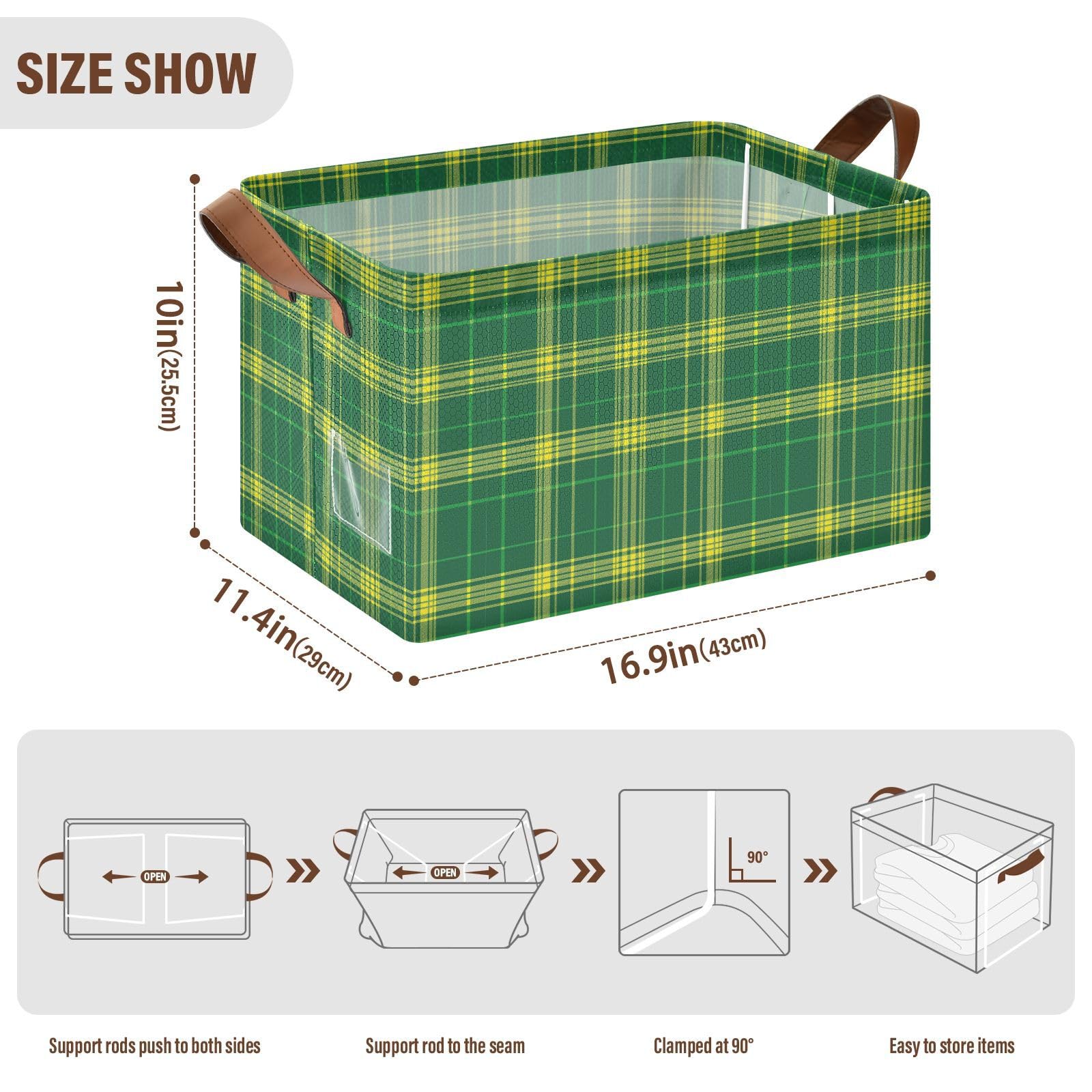 KLL Zielony żółty kosz w kratę do przechowywania z uchwytami organizer pojemniki do przechowywania do sypialni, salonu, łazienki, półek, 2 szt. cajas de almacenamiento para closet