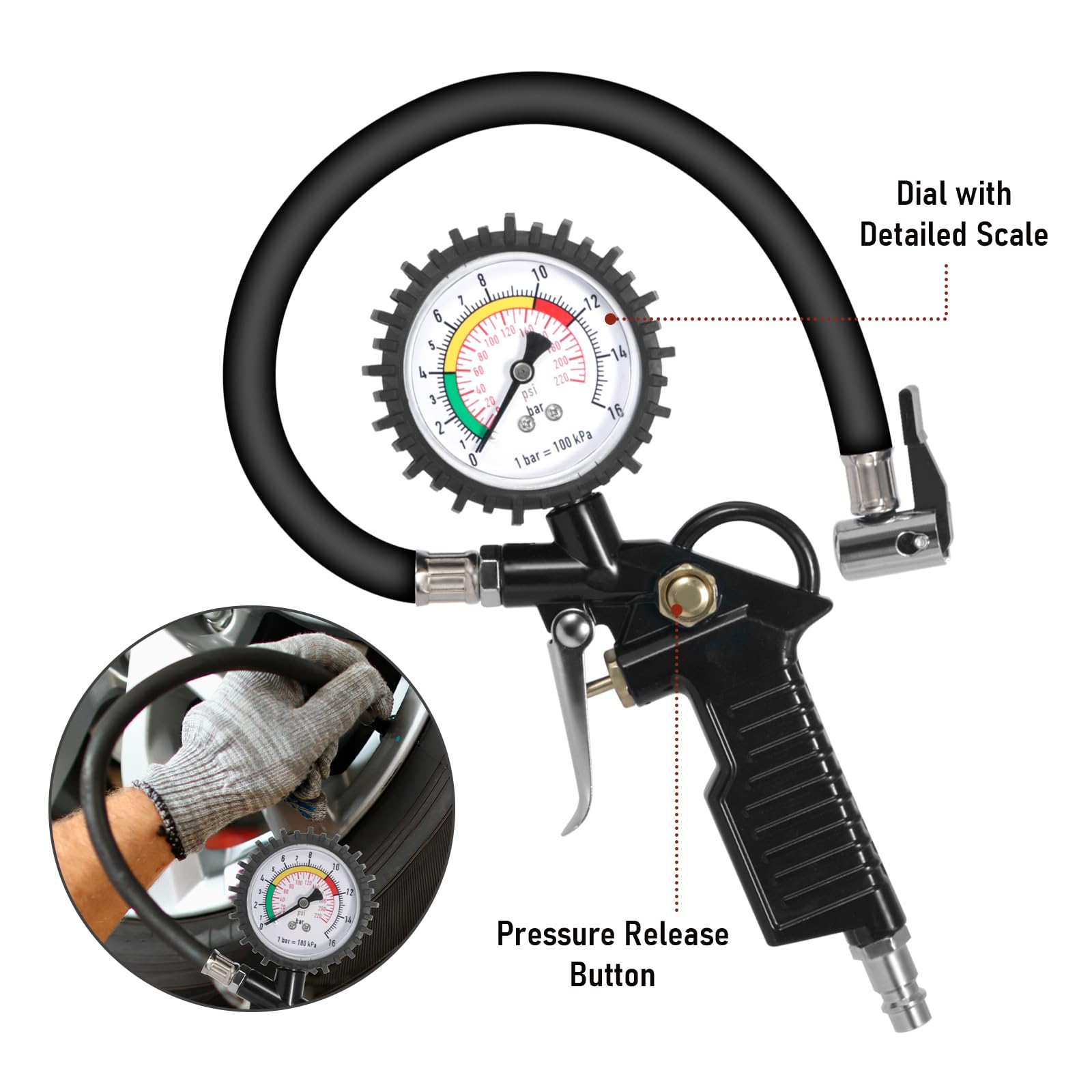 Manometre Pression Pneu, 220PSI Poignée Gonflage Avec Outil de Noyau de Valve, Gonfleur Pneu,Accessoires de Compresseur, pour Voiture, Moto, Camion, Vélo