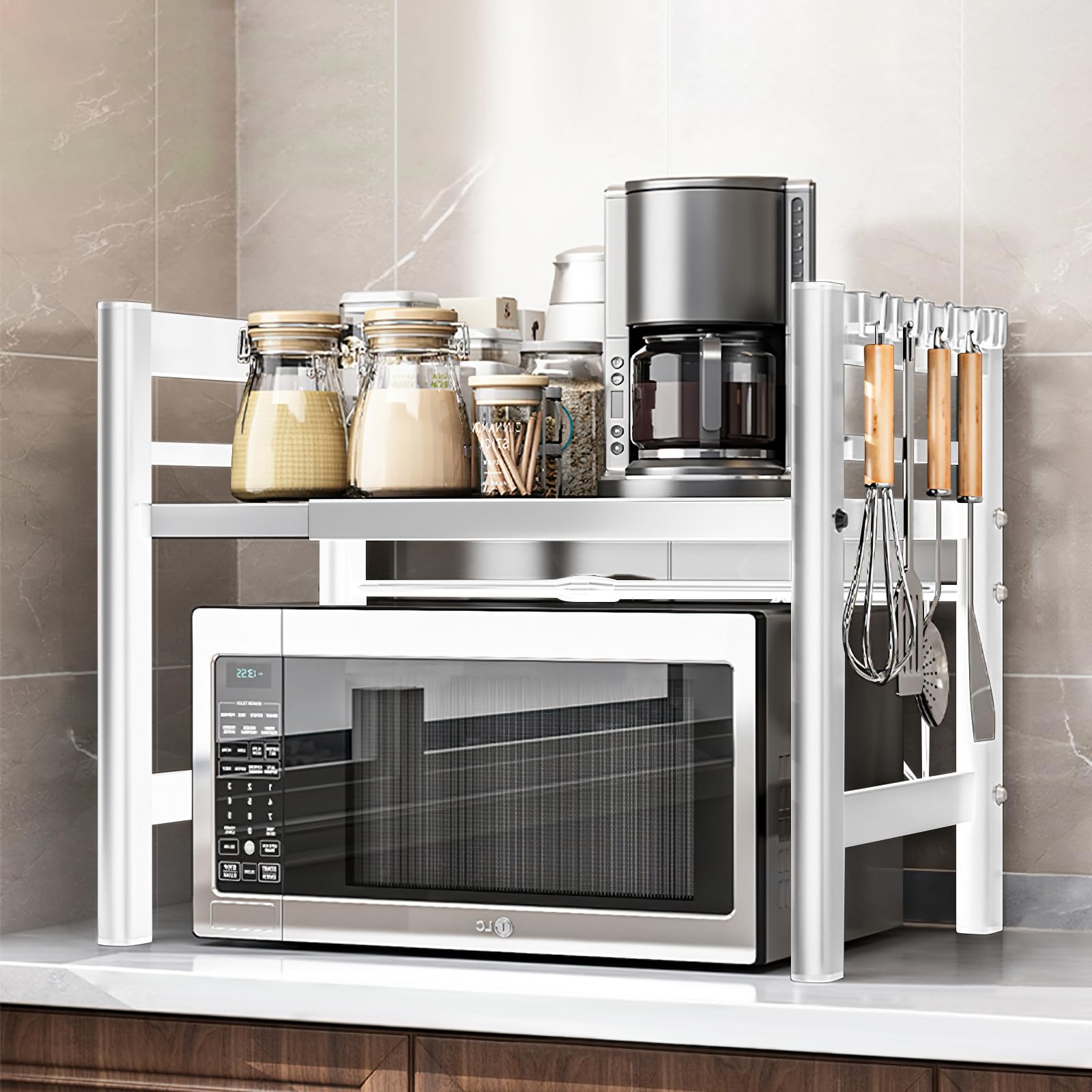 Quuylin 2 Niveles Soporte Extensible para Microondas de,con 6 Ganchos,Retráctil de 40 a 64 cm Apto para Soporte de microondas y Soporte de Horno de Cocina.,Blanco