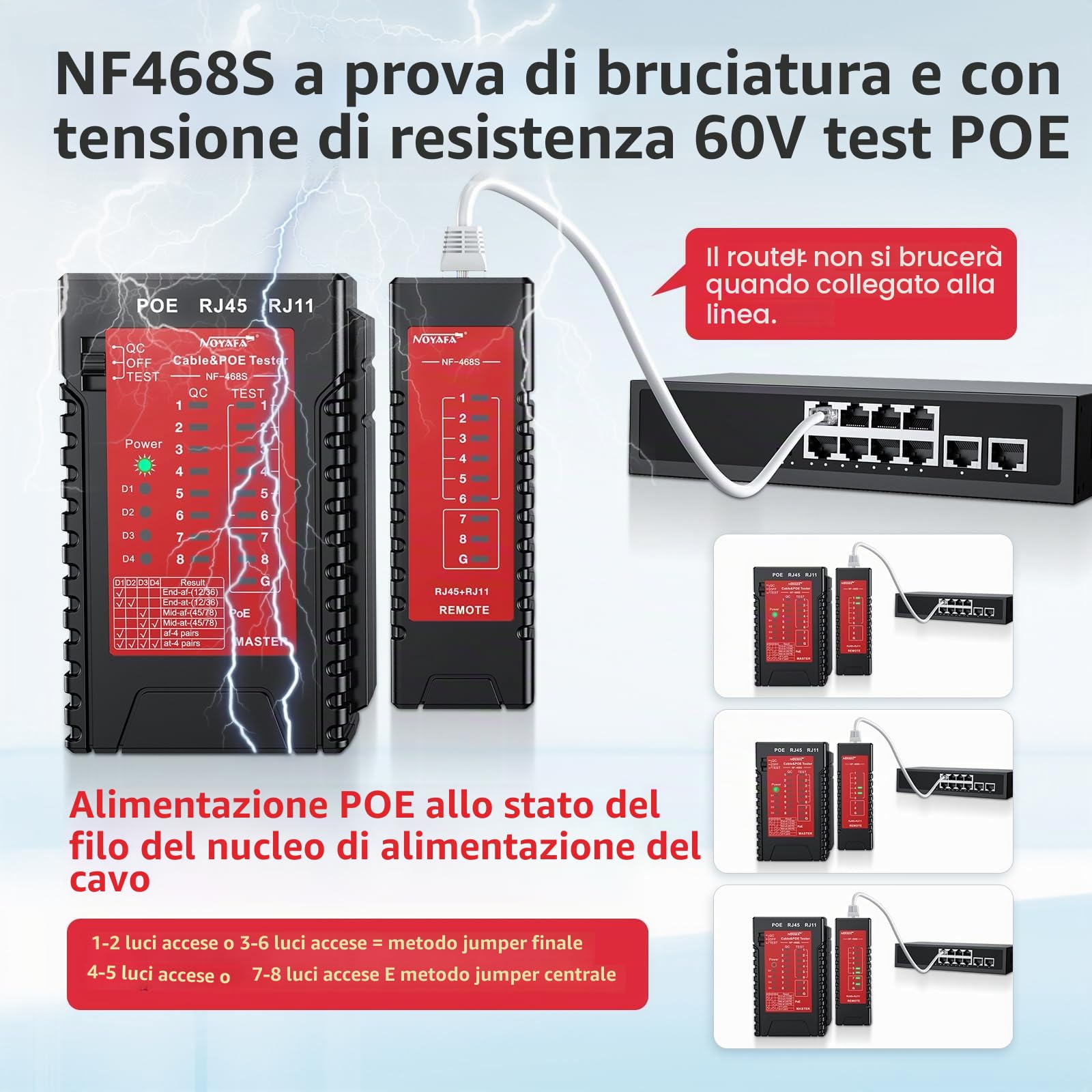 Noyafa NF-468s Tester per cavi di rete Ethernet, test di continuità RJ45, tester per cavi STP/UTP a estremità singola per RJ45, RJ11, RJ12, CAT5, CAT5E, CAT6, CAT6A, linea telefonica CAT3