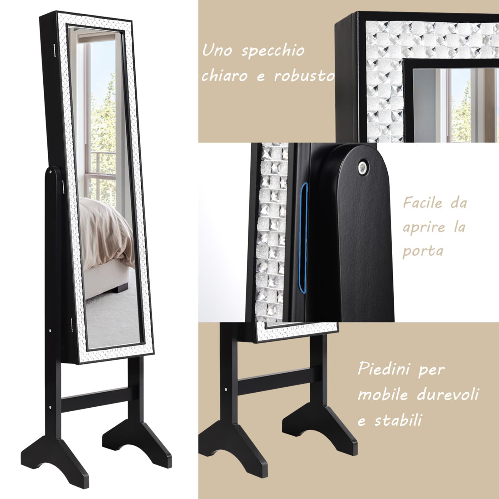COSTWAY Armadio per Gioielli, Armadietto Portagioie con Specchio a Figura Intera, Organizer Spazioso per Gioielli, per Camera da Letto e Salotto, 35,5 x 33 x 153 cm (Nero)